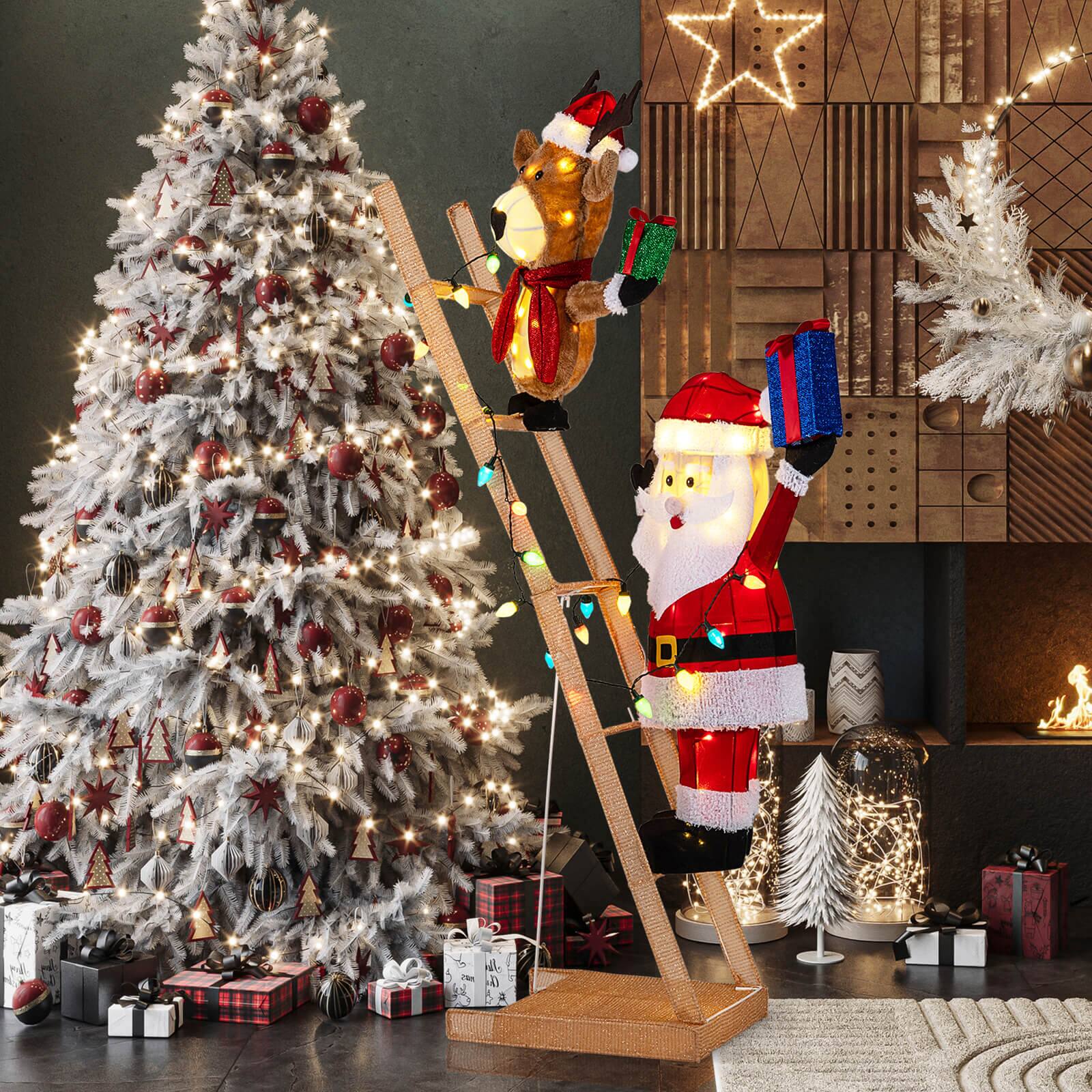 Alt View 3. Costway - Costway 5.5 FT Lighted Reindeer & Santa Claus on Ladder with 100 LED Lights, Zip Ties - Multicolor.