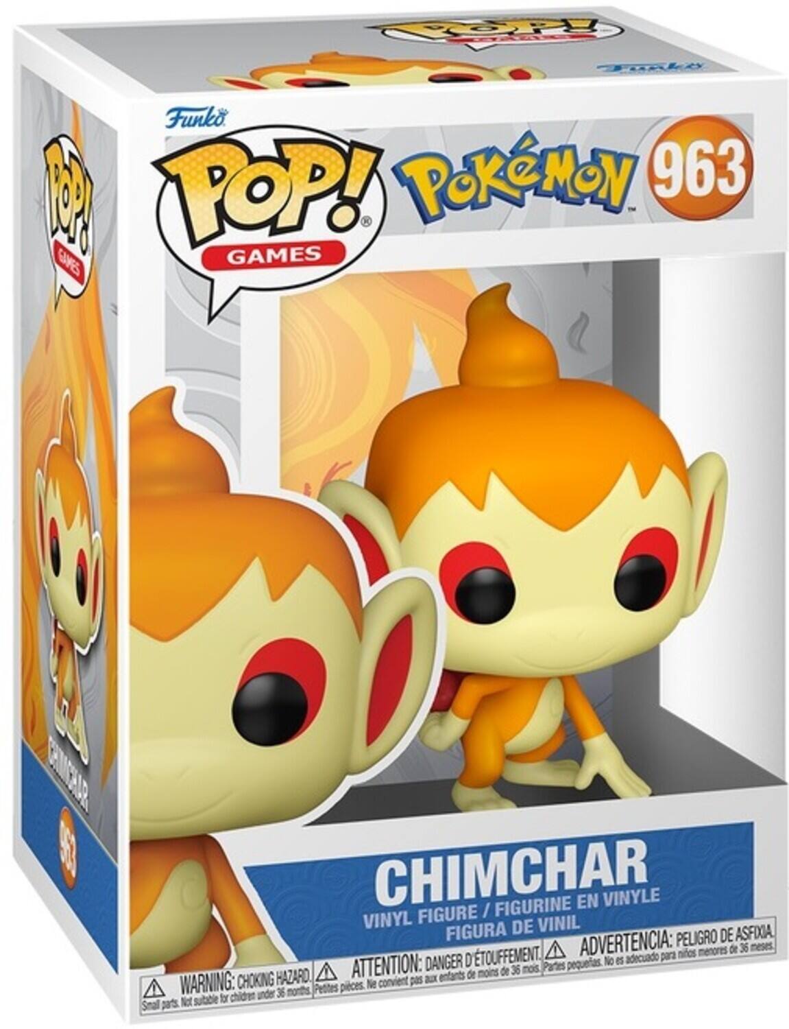 Funko POP! GAMES  
Pokémon 963  

CHIMCHAR  
VINYL FIGURE / FIGURINE EN VINYLE / FIGURA DE VINIL  

WARNING: CHOKING HAZARD - Small parts. Not suitable for children under 36 months.  
ADVERTENCIA: PEIGRO DE ASFIXIA - Pequeñas piezas. No es adecuado para niños menores de 36 meses.  
ATTENTION: DANGER D'ÉTOUFFEMENT - Petites pièces. Ne convient pas aux enfants de moins de 36 mois.