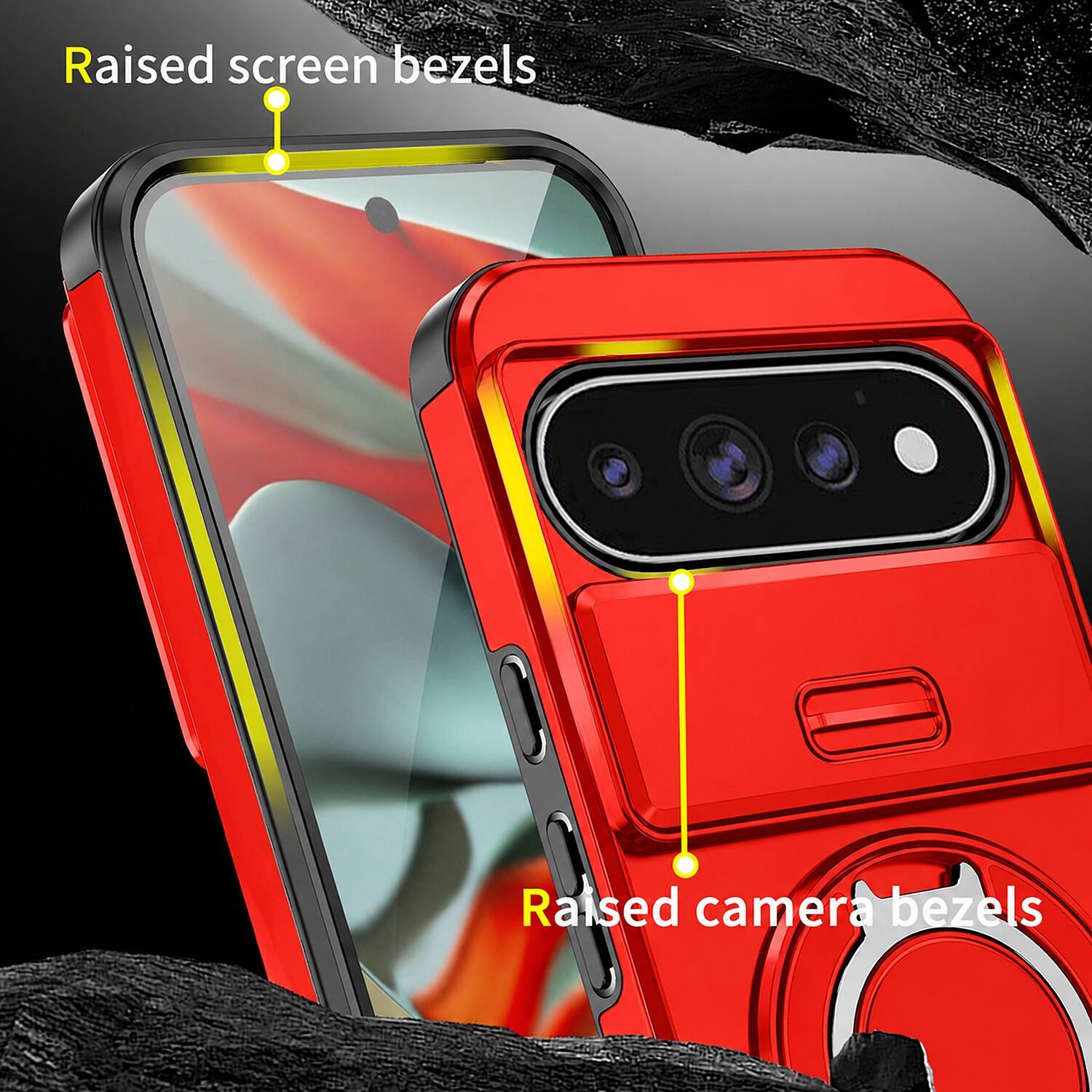 Raised screen bezels  
Raised camera bezels