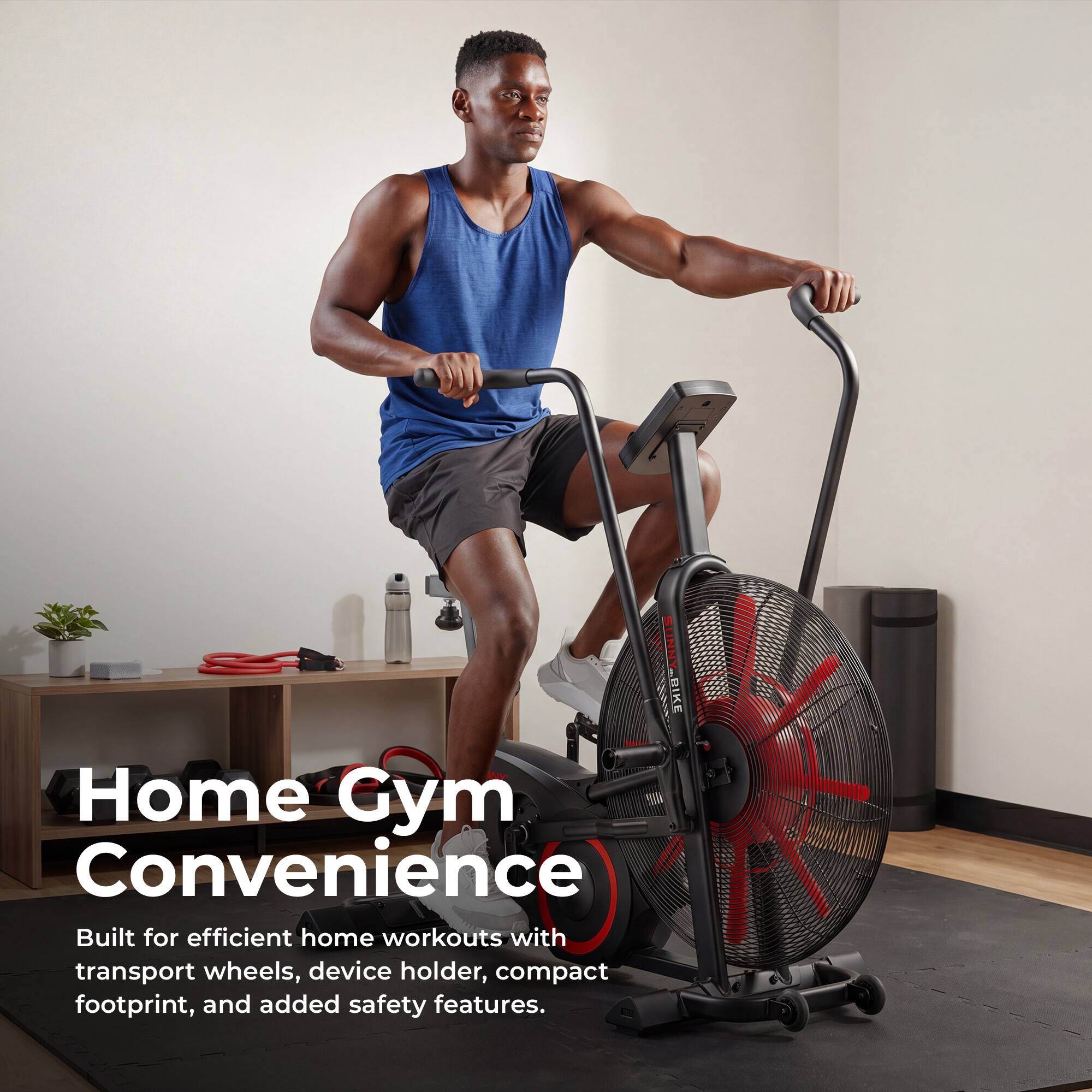 Home Gym Convenience

Built for efficient home workouts with transport wheels, device holder, compact footprint, and added safety features.