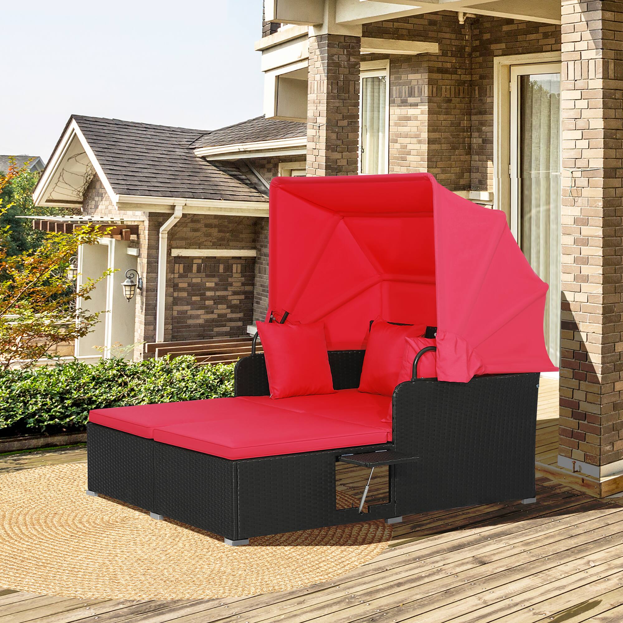 Alt View 3. Gymax - Gymax Patio Hand-Woven PE Wicker Daybed Outdoor Loveseat Sofa Set w/ Red Cushions - Red.