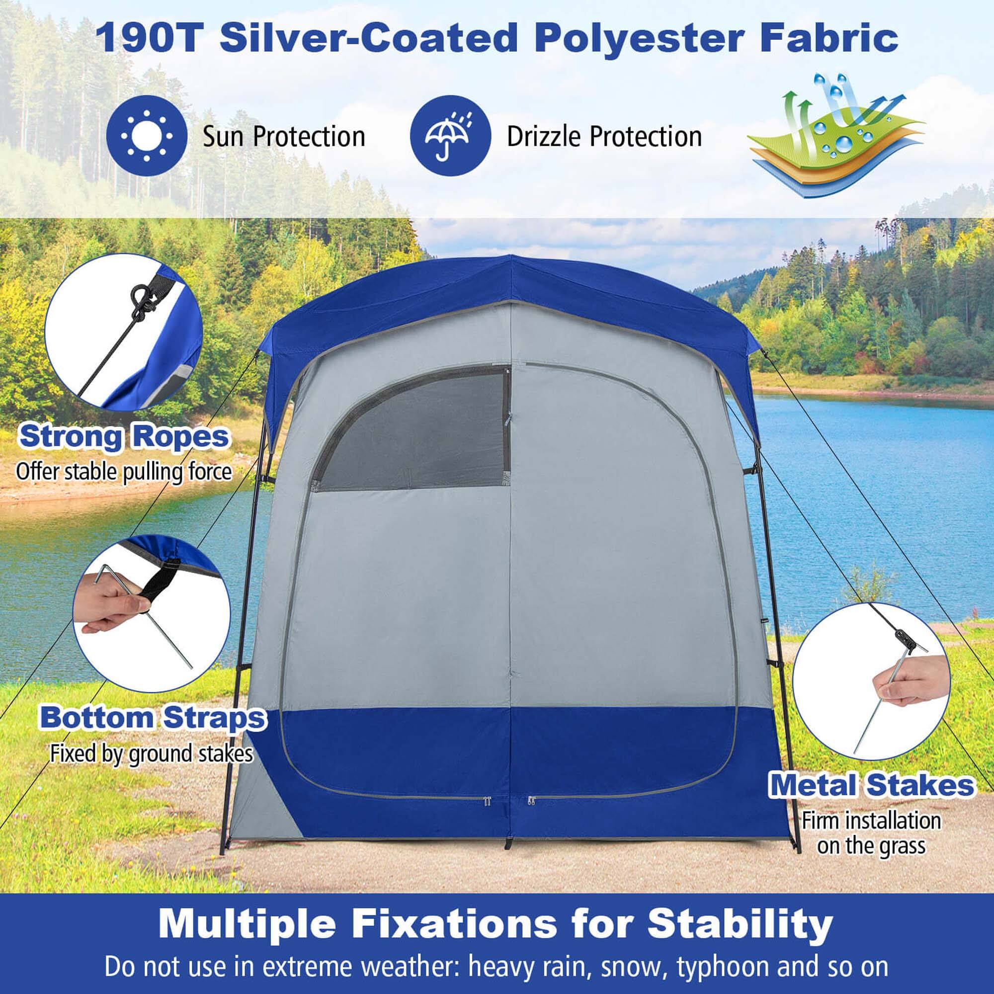 190T Silver-Coated Polyester Fabric  
- Sun Protection  
- Drizzle Protection  

Strong Ropes  
- Offer stable pulling force  

Bottom Straps  
- Fixed by ground stakes  

Metal Stakes  
- Firm installation on the grass  

Multiple Fixations for Stability  
- Do not use in extreme weather: heavy rain, snow, typhoon and so on