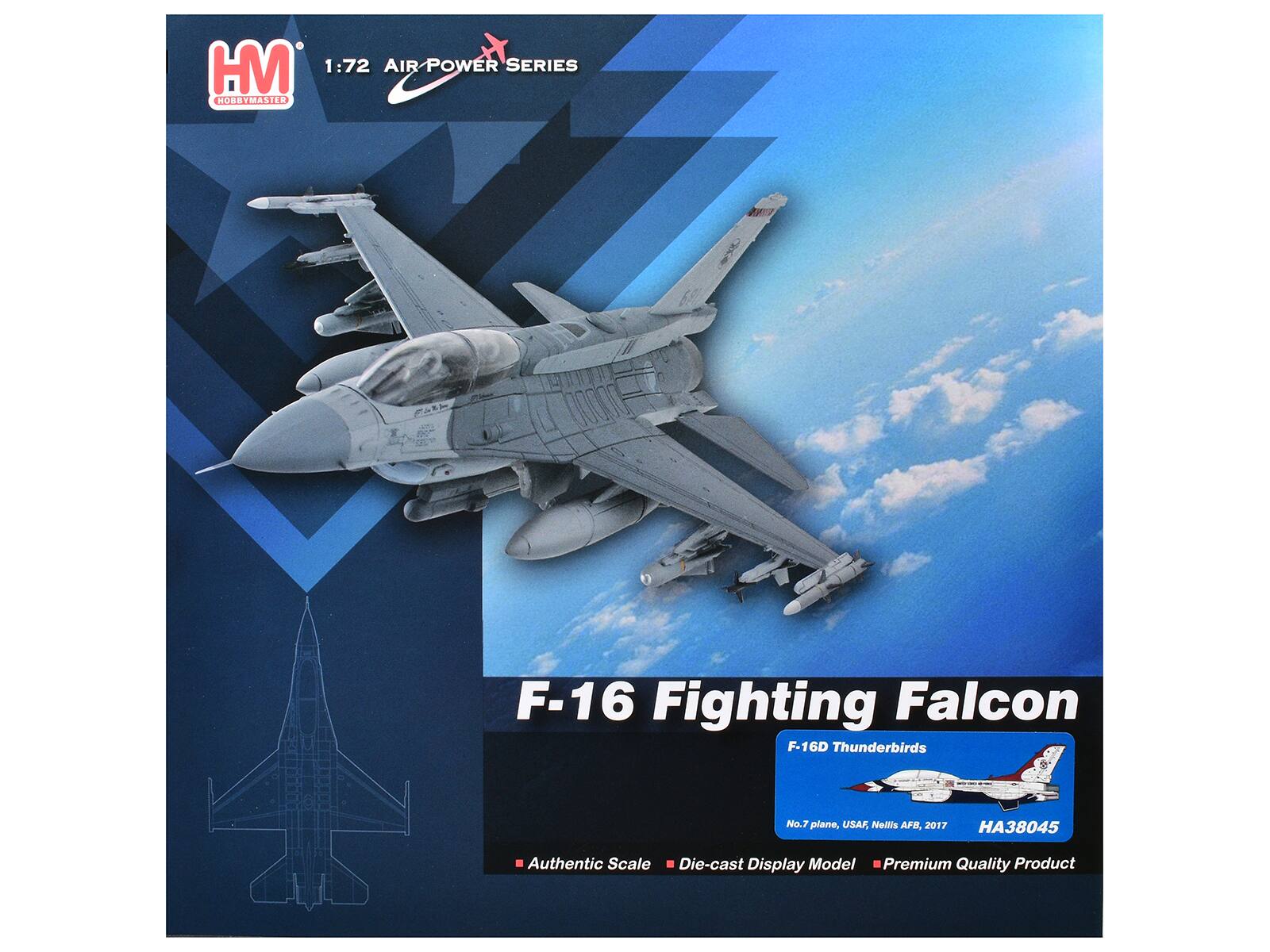 HM 1:72 AIR POWER SERIES HOBBYMASTER  
F-16 Fighting Falcon F-16D Thunderbirds  
No.7 plane, USAF, Nellis AFB, 2017 HA38045  
Authentic Scale Die-cast Display Model Premium Quality Product