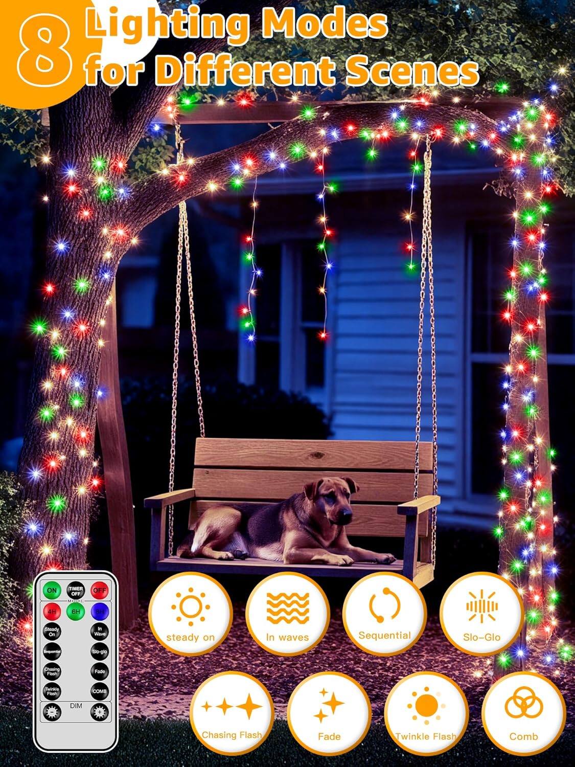 8 Lighting Modes for Different Scenes

- Steady On
- In Waves
- Sequential
- Slo-Glo
- Chasing Flash
- Fade
- Twinkle Flash
- Comb