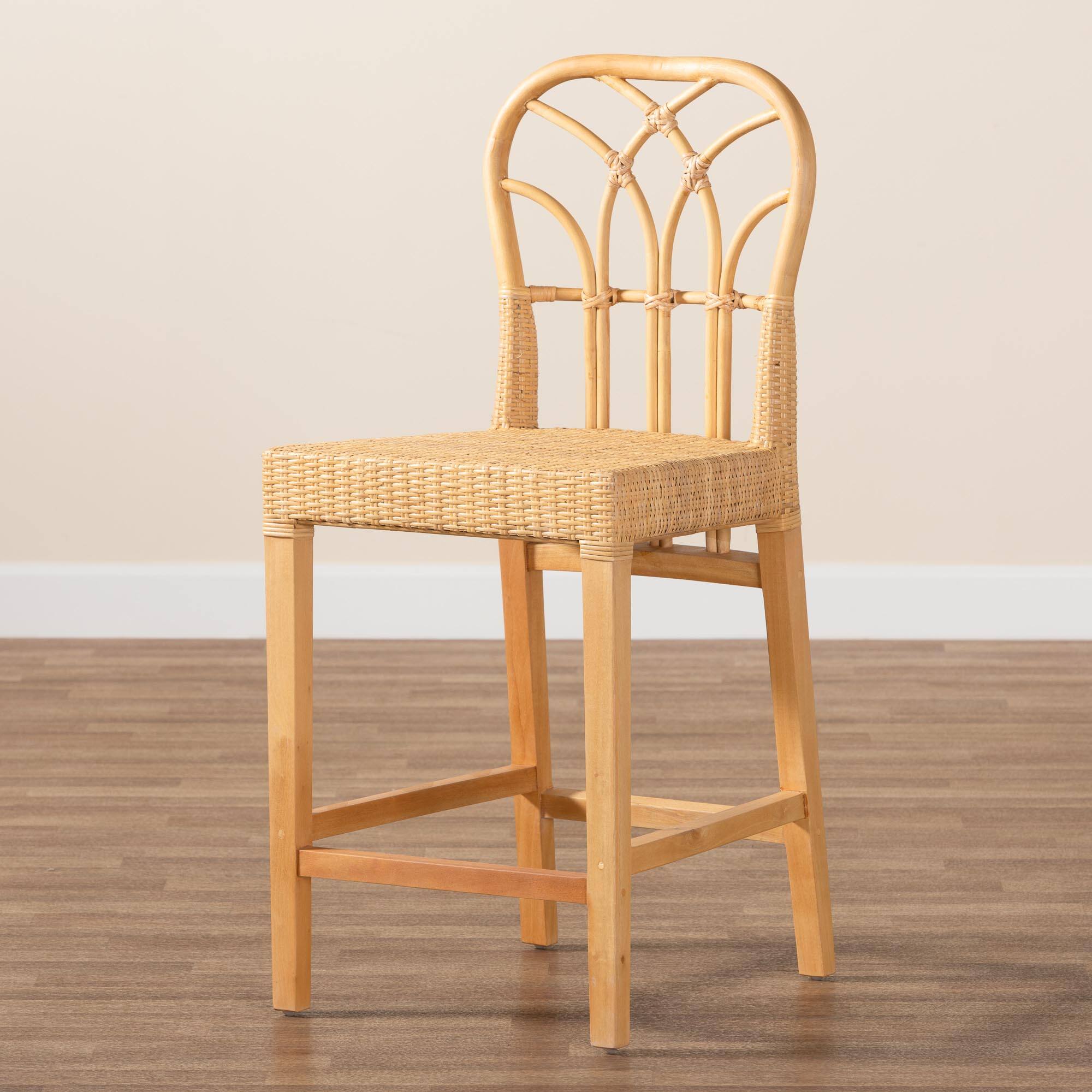 Alt View 5. bali & pari - Monaco Modern Bohemian Natural Rattan and Mahogany Wood Counter Stool - Natural Brown/Light Honey.