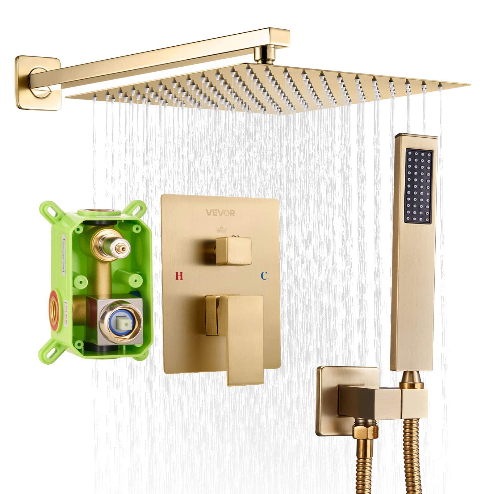 VEVOR - Shower Faucet Set, Rainfall Bathroom Shower System with 12-Inch Square Rain Shower Head and Handheld Spray - Brushed Gold