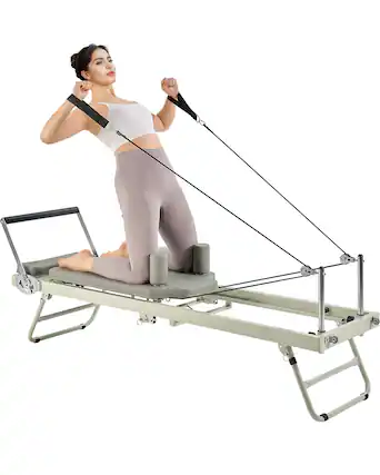 Front. VEVOR - Foldable Pilates Reformer, Pilates Workout Machine for Home Gym Studio Use, Pilates Bed with Dual Resistance - Gray.