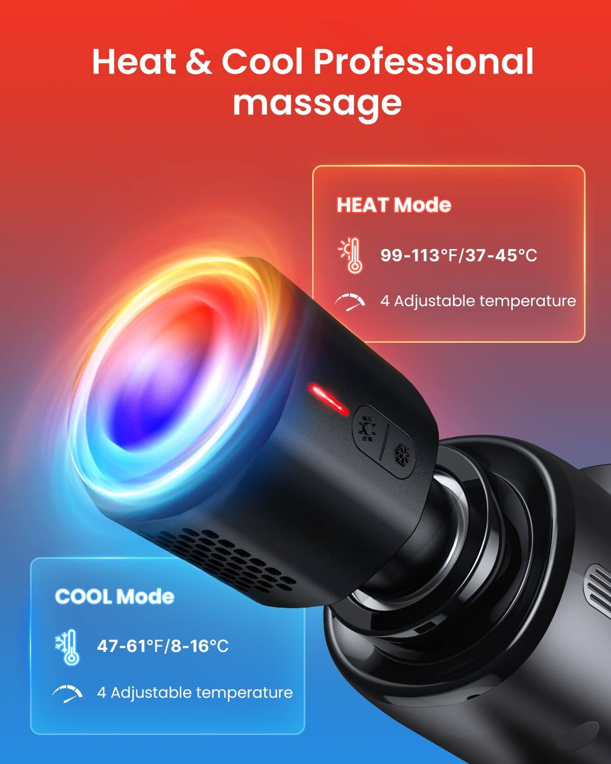 Heat & Cool Professional massage

HEAT Mode
99-113F/37-45C
4 Adjustable temperature

COOL Mode
47-61F/8-16C
4 Adjustable temperature