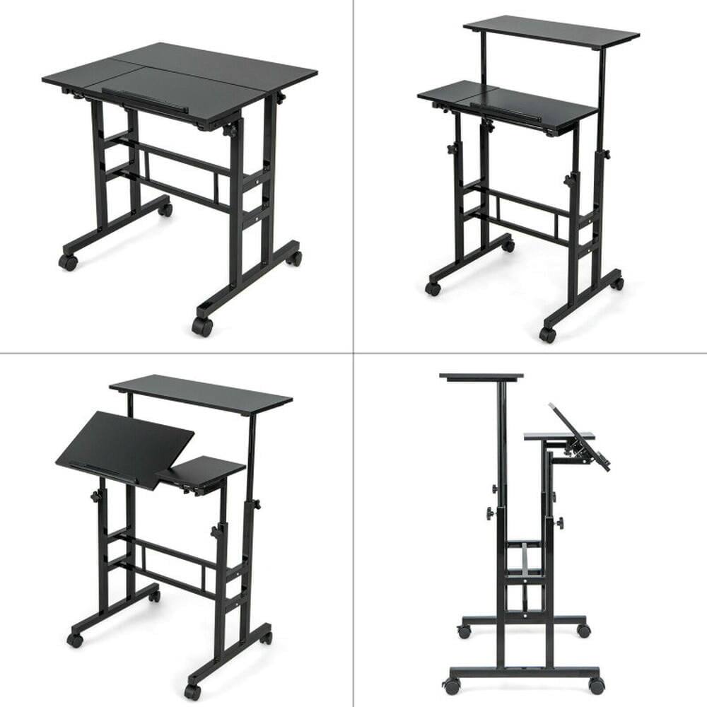 Left. Pefilos - Mobile Stand up Computer Desk with 2 Tilting Desktops-Black, Office Furniture, Portable Desk for Home & Office - Black.