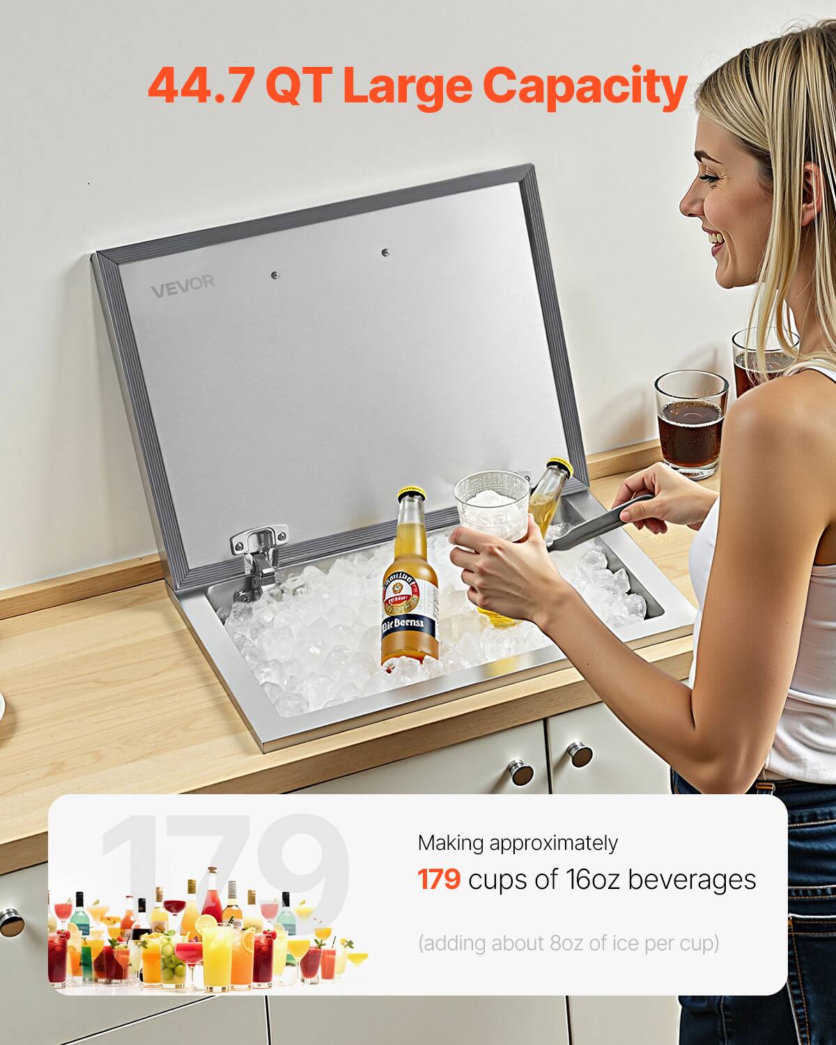 44.7 QT Large Capacity

VEVOR

Making approximately 179 cups of 16oz beverages (adding about 8oz of ice per cup)