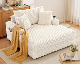 KERDOM - Chaise Lounge Chair Daybed Fluffy Reading Sofa Bed with 3 Pillows & Wide Armrest, Modern Sleeper Couch Plush Chair Bed - White