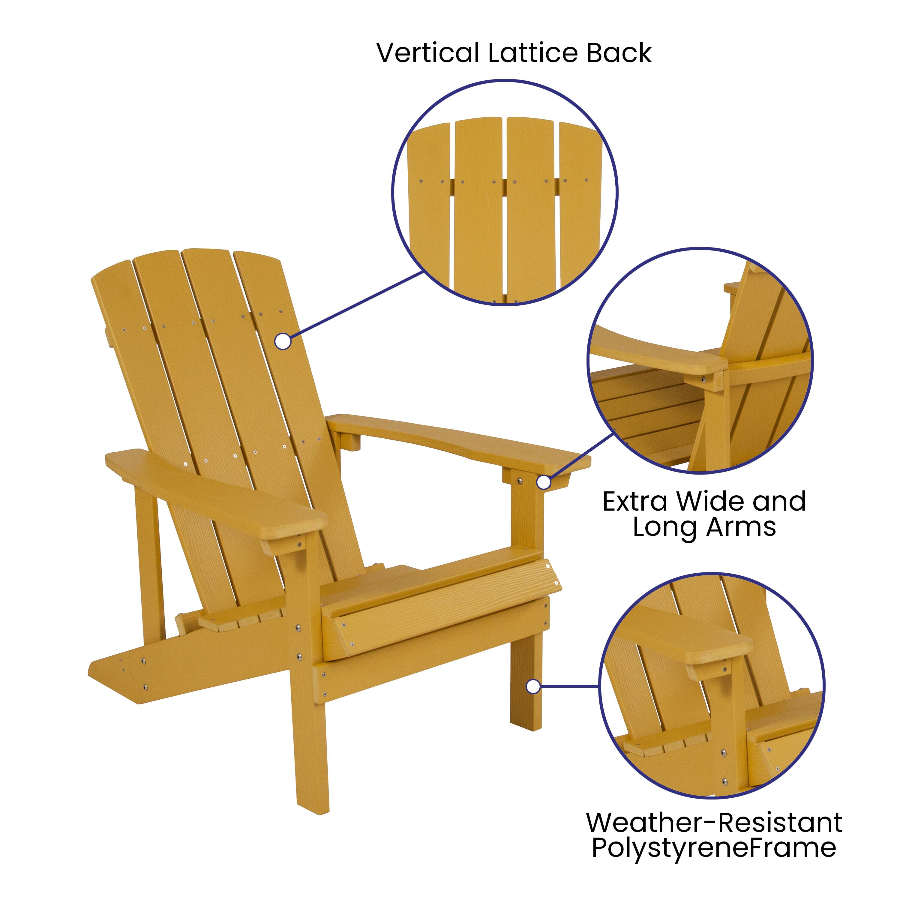 Vertical Lattice Back  
Extra Wide and Long Arms  
Weather-Resistant Polystyrene Frame
