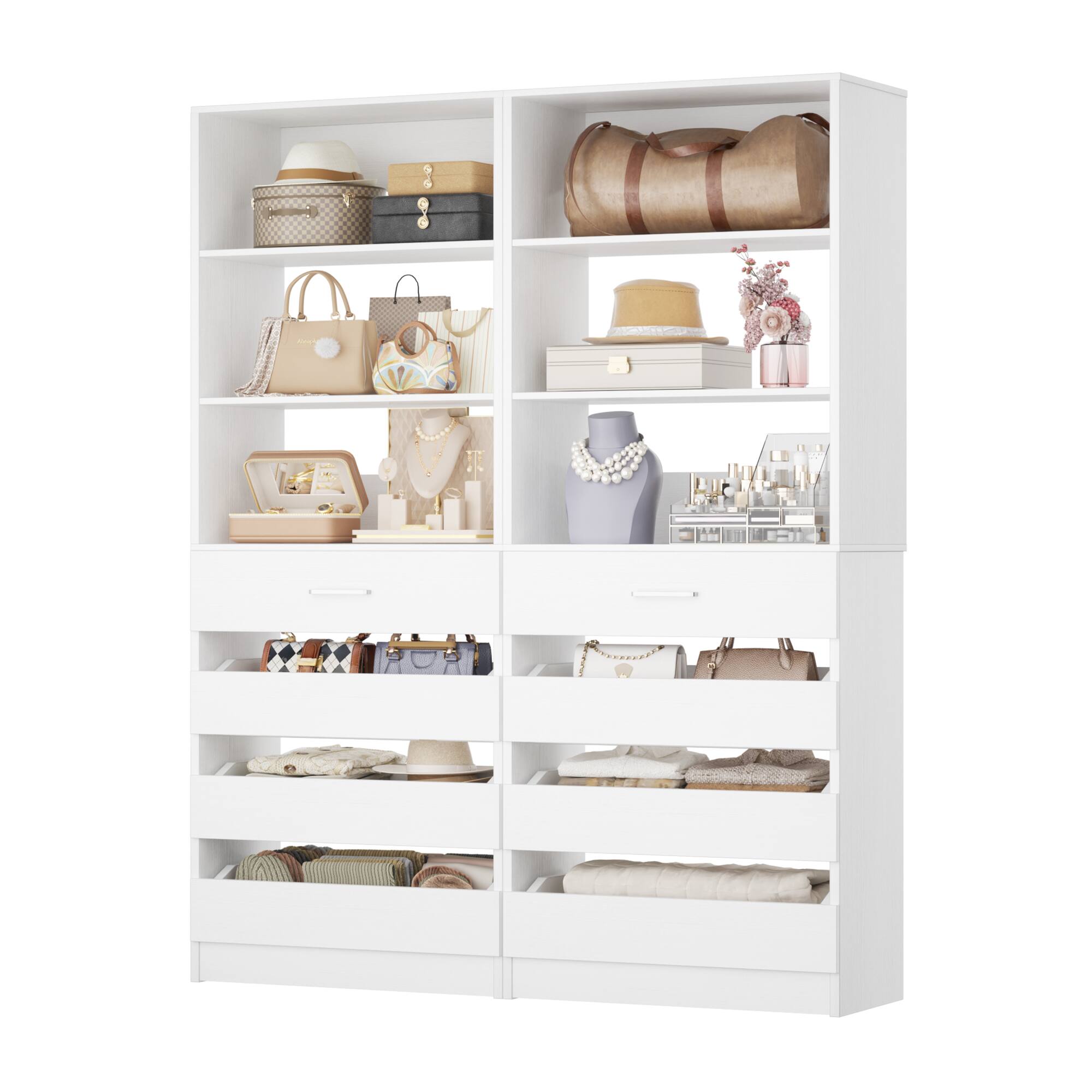 Angle. Aheaplus - 2 Pack-Premium Wood Pantry Cabinet: 4 Drawers, 3 Shelves, Wall-Fit Design for Organized Kitchen Storage - White.