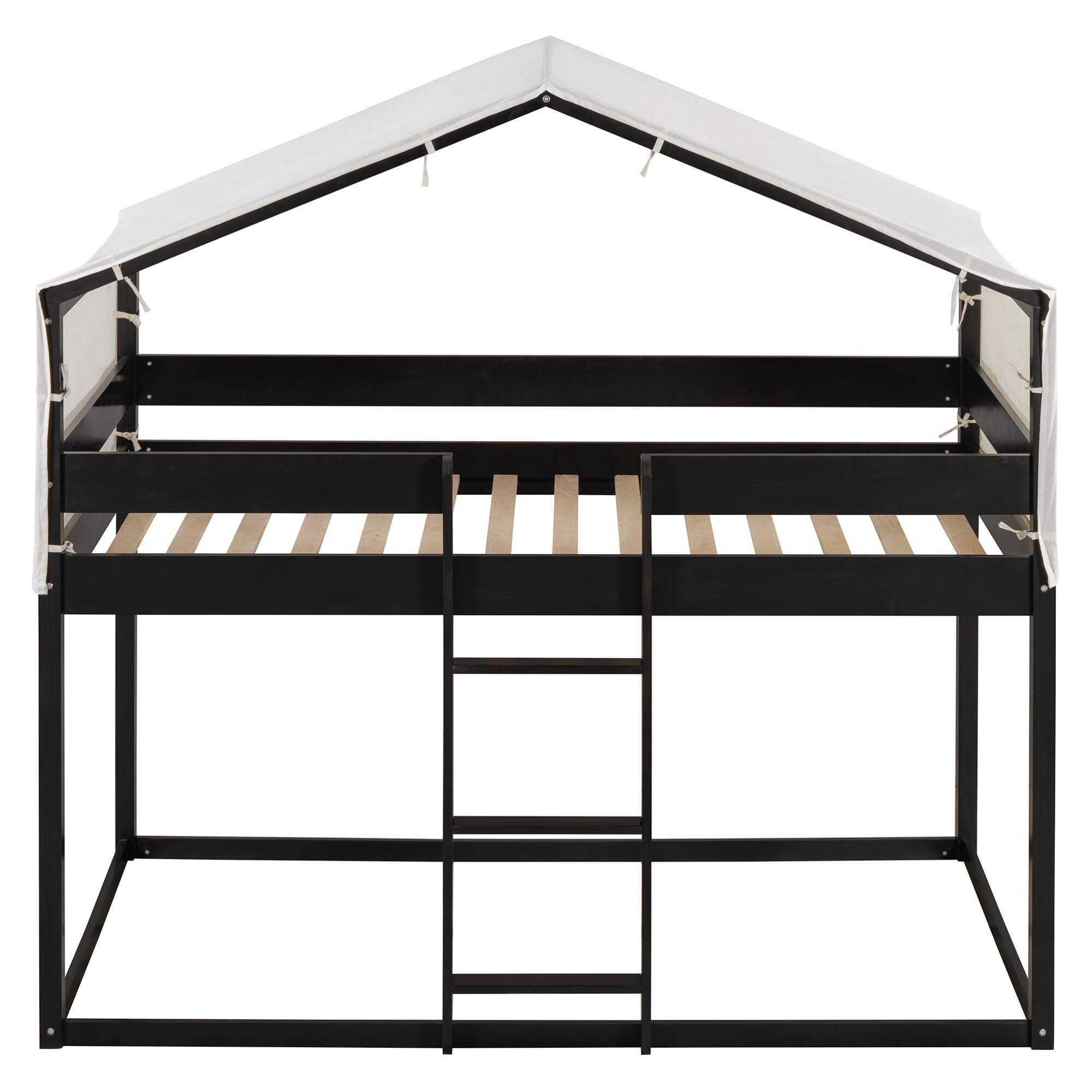 Back. GOODSILO - Space-Saving Twin Over Twin Wooden Bunk Bed with Playful Tent Design for Kids - Espresso.