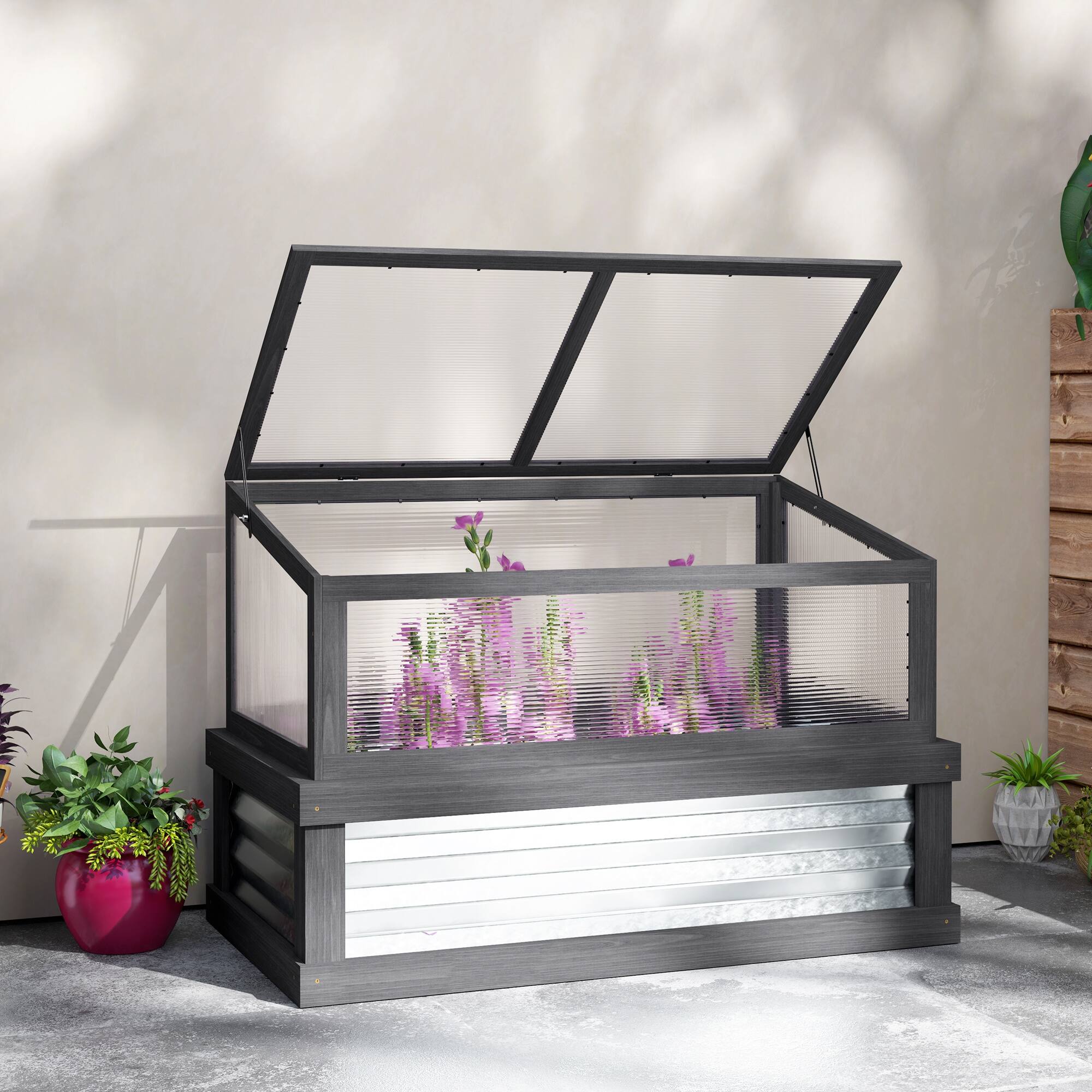 Alt View 8. Outsunny - Raised Garden Bed with Polycarbonate Greenhouse, Lean-to Garden Wooden Cold Frame Greenhouse, 41" x 22.5" x 28.25".