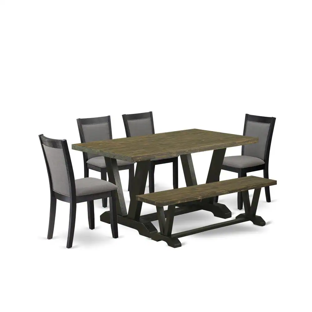 Alt View 4. East West Furniture - V676MZ650-6 6 Pc Dining Set - Distressed Jacobean Table with Bench and 4 Dark Gotham Grey Chairs - Wire Brushed Black - Multi-Color.