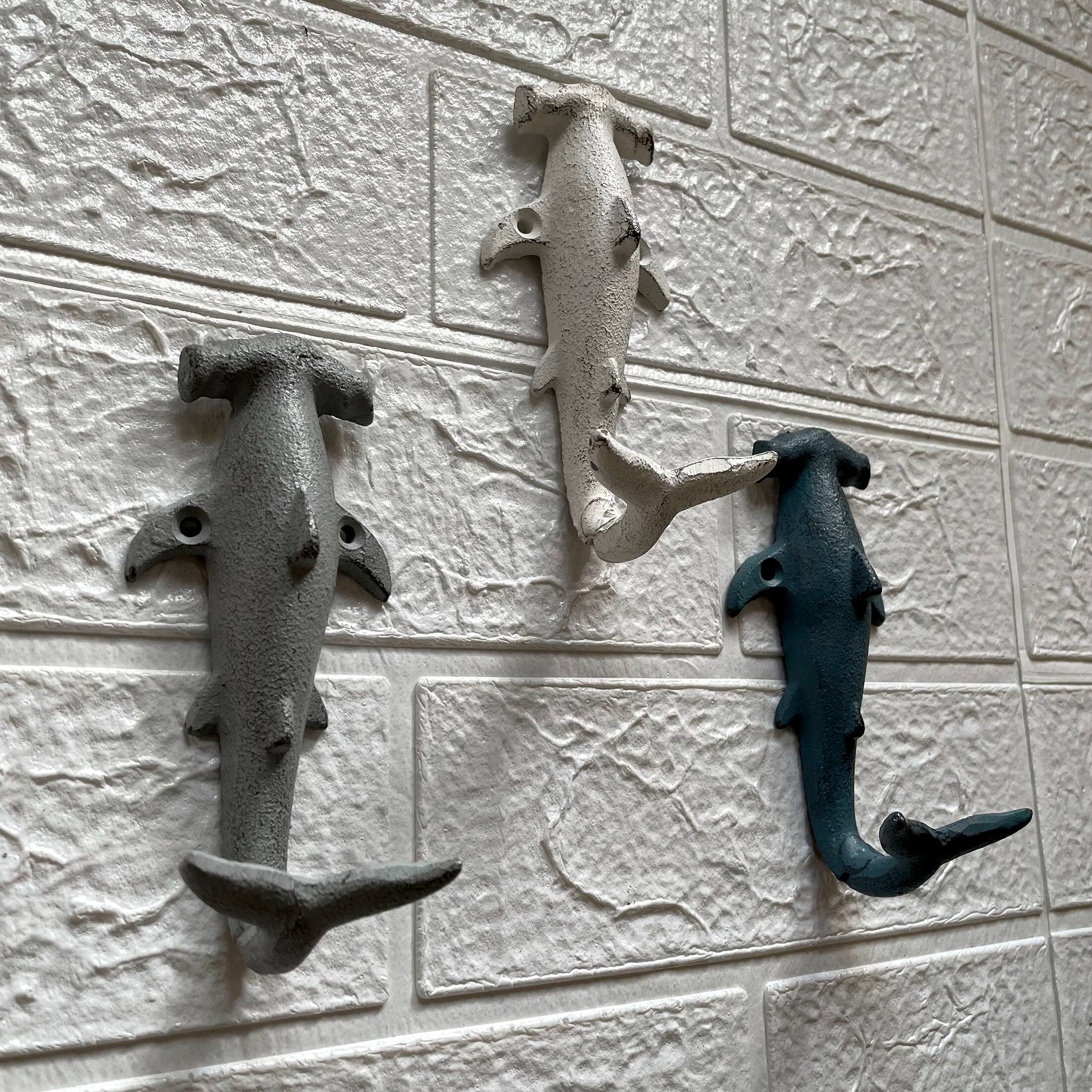 Alt View 3. Zeckos - Hammerhead Shark Wall Hooks Set – Cast Iron Nautical Decor, 5 Inches High - Multicolored.