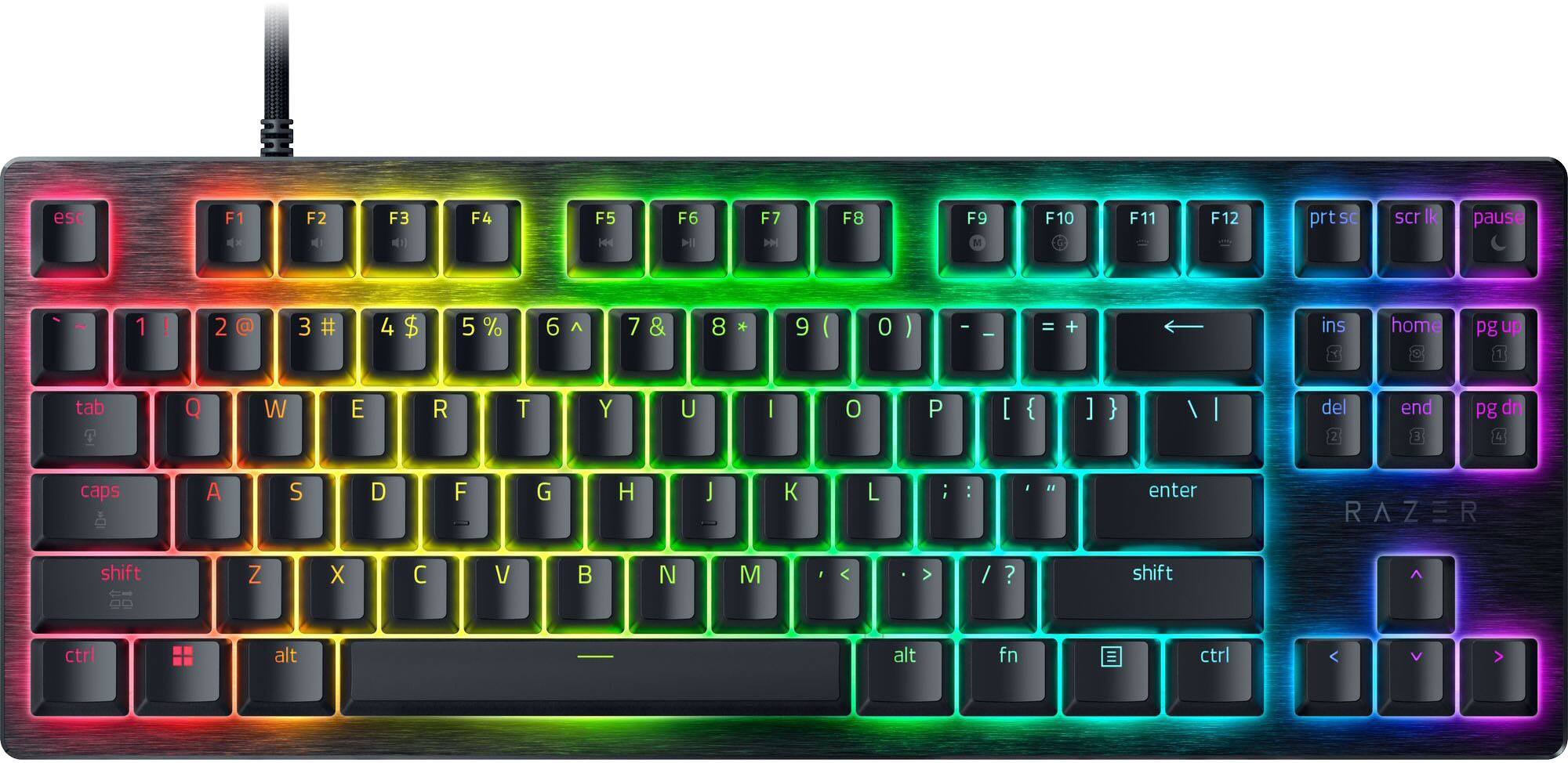 esc F1 F2 F3 F4 F5 F6 F7 F8 F9 F10 F11 F12 prtsc scr lk pause 1 2 3 4 5 6 7 8 9 0 - = ins home pg up tab Q W E R T Y U I O P [ { ] } / del 2 end 3 pg dn caps A S D F G H J K L : enter RAZER R A Z E R shift Z X C V B N M < > ? shift ctrl alt fn ctrl