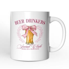OrnamentallyYou - Beer Drinkers Social Club Mug, Coquette Pink Bow Gift for Girly Summer - White