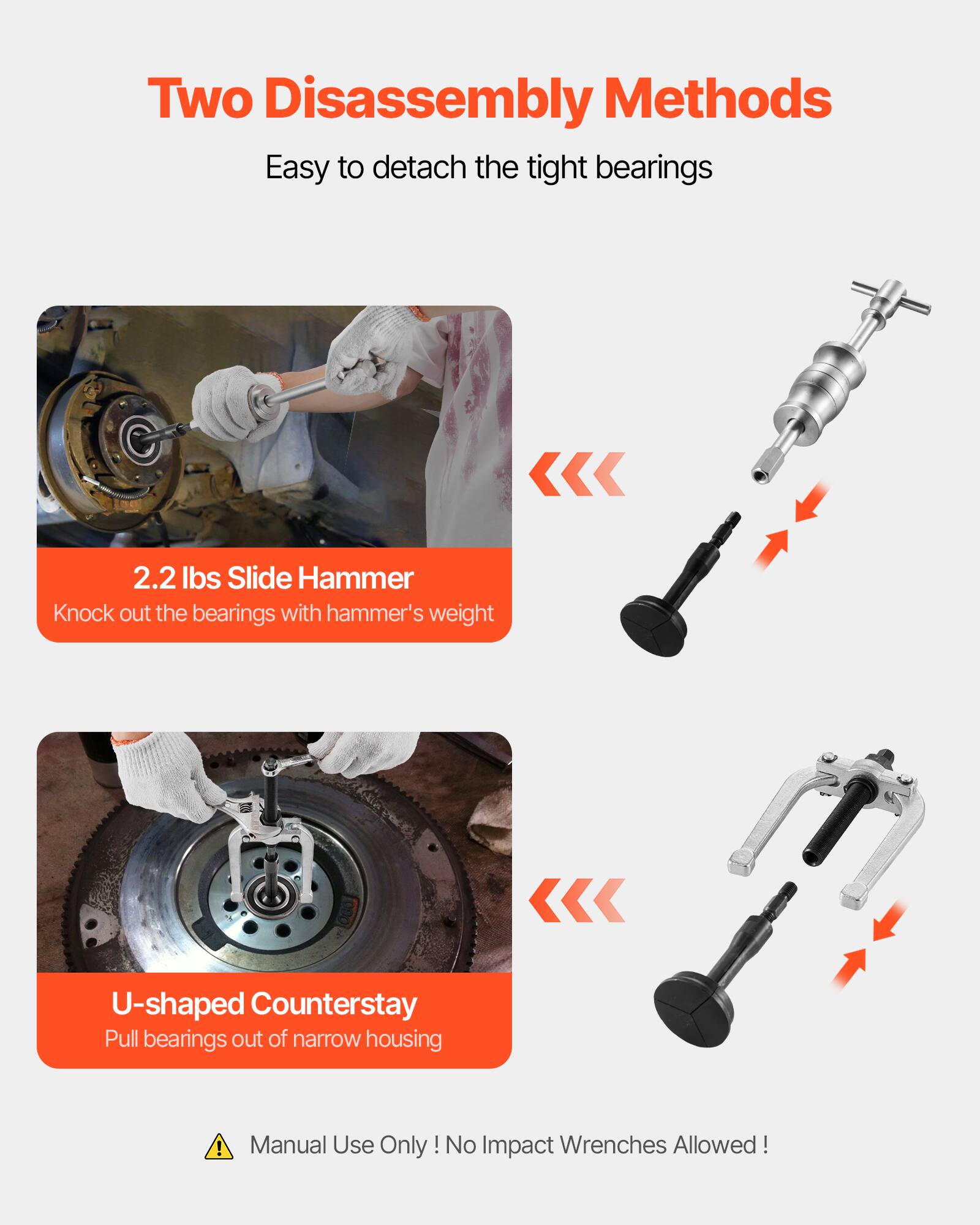 Two Disassembly Methods  
Easy to detach the tight bearings  

2.2 lbs Slide Hammer  
Knock out the bearings with hammer's weight  

U-shaped Counterstay  
Pull bearings out of narrow housing  

Manual Use Only! No Impact Wrenches Allowed!