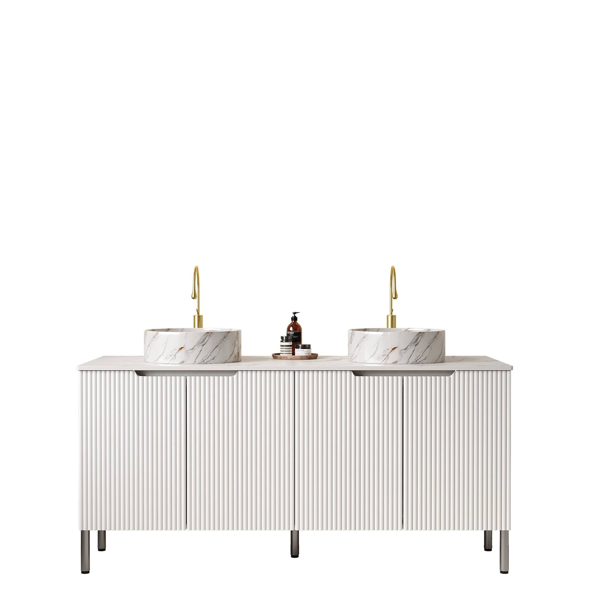 Alt View 3. Boyel Living - 60 Bathroom Vanity with 4 Doors 2 White Round Ceramic Basins Stone Pattern Carrara White Top White - White.