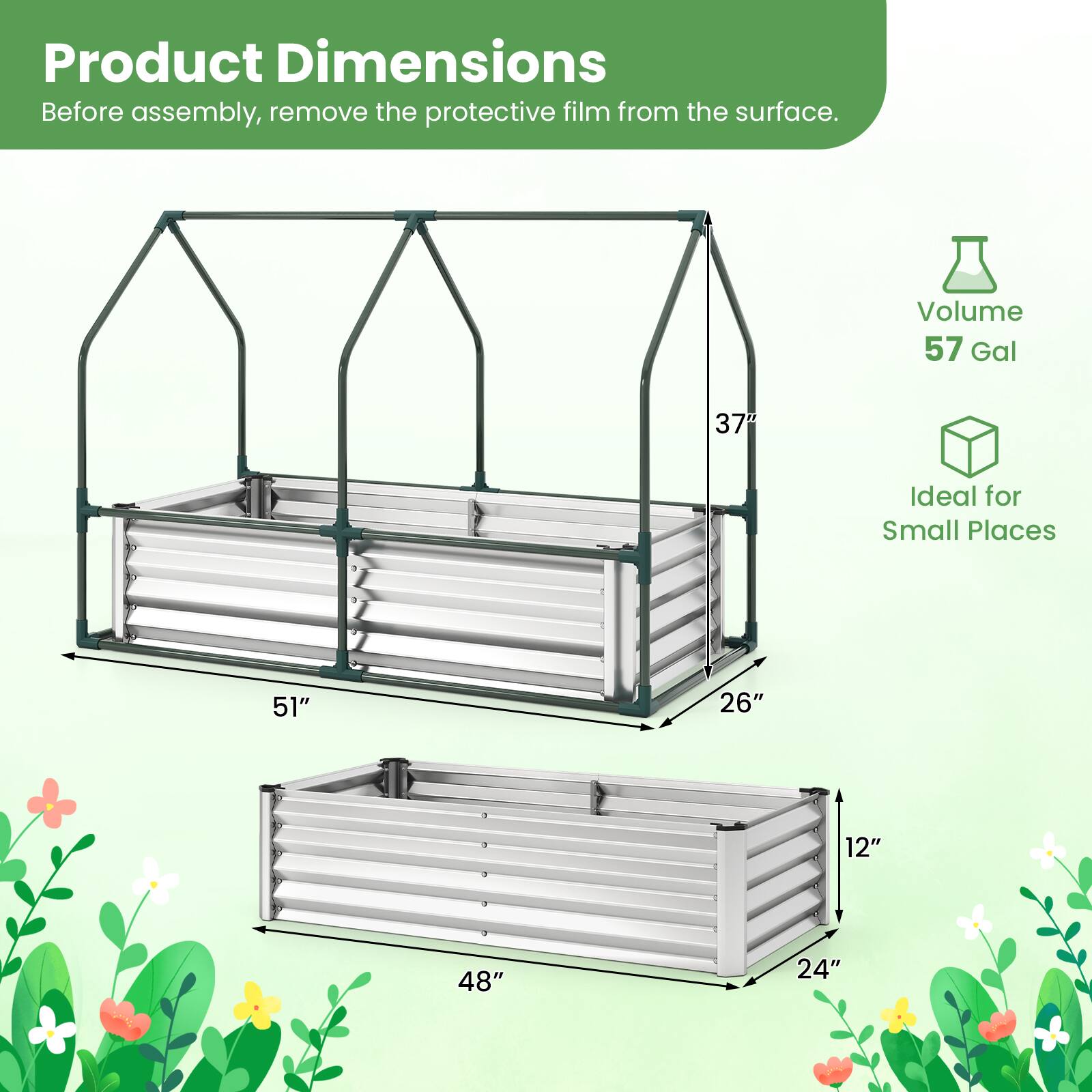 Product Dimensions  
Before assembly, remove the protective film from the surface.  

Volume: 57 Gal  
Ideal for Small Places  

Dimensions:  
- 51" x 26" x 37"  
- 48" x 24" x 12"