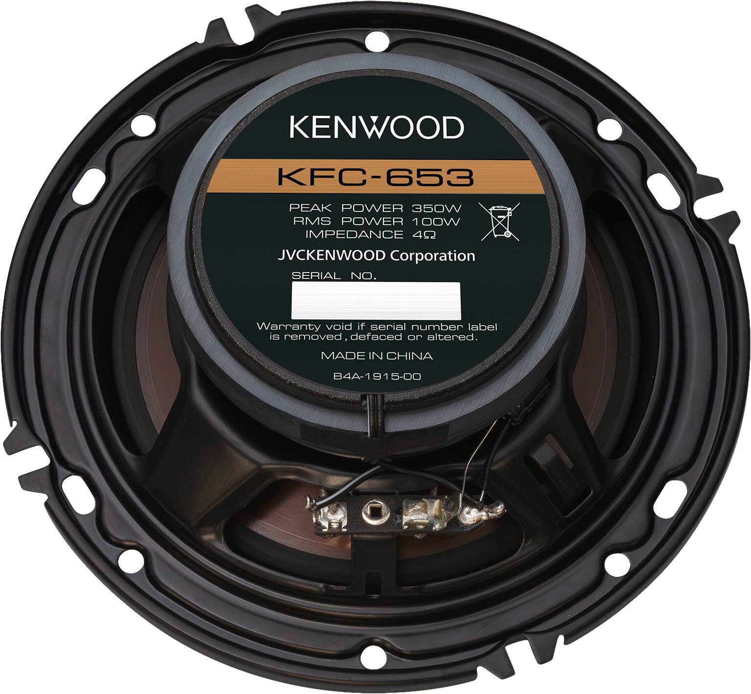 KENWOOD KFC-653 PEAK POWER 350W RMS POWER 1 100W IMPEDANCE 402 JVCKENWOOD Corporation SERIAL NO. Warranty void if serial number label is removed defaced or altered. Made in China 84A-84A-1915-00