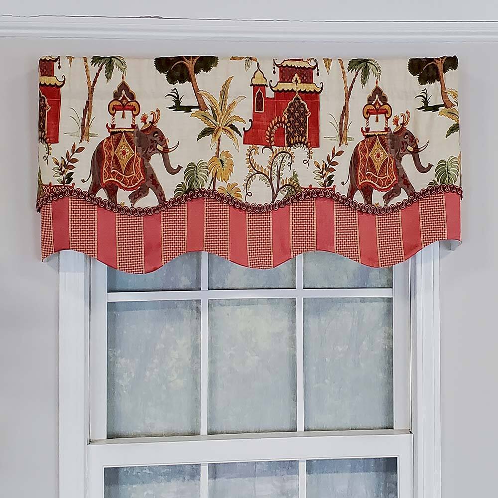 Angle. RLF Home - RLF Home Madhubala Glory Pattern "B" Elephant on Sides Window Treatment Valance 3" Rod Pocket 50" x 16" Spice Red - Spice red.