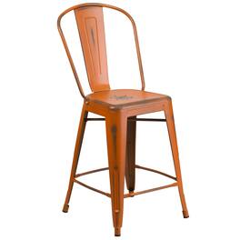 Emma + Oliver - Commercial Grade 24"H Distressed Metal Indoor-Outdoor Counter Stool with Back - Orange