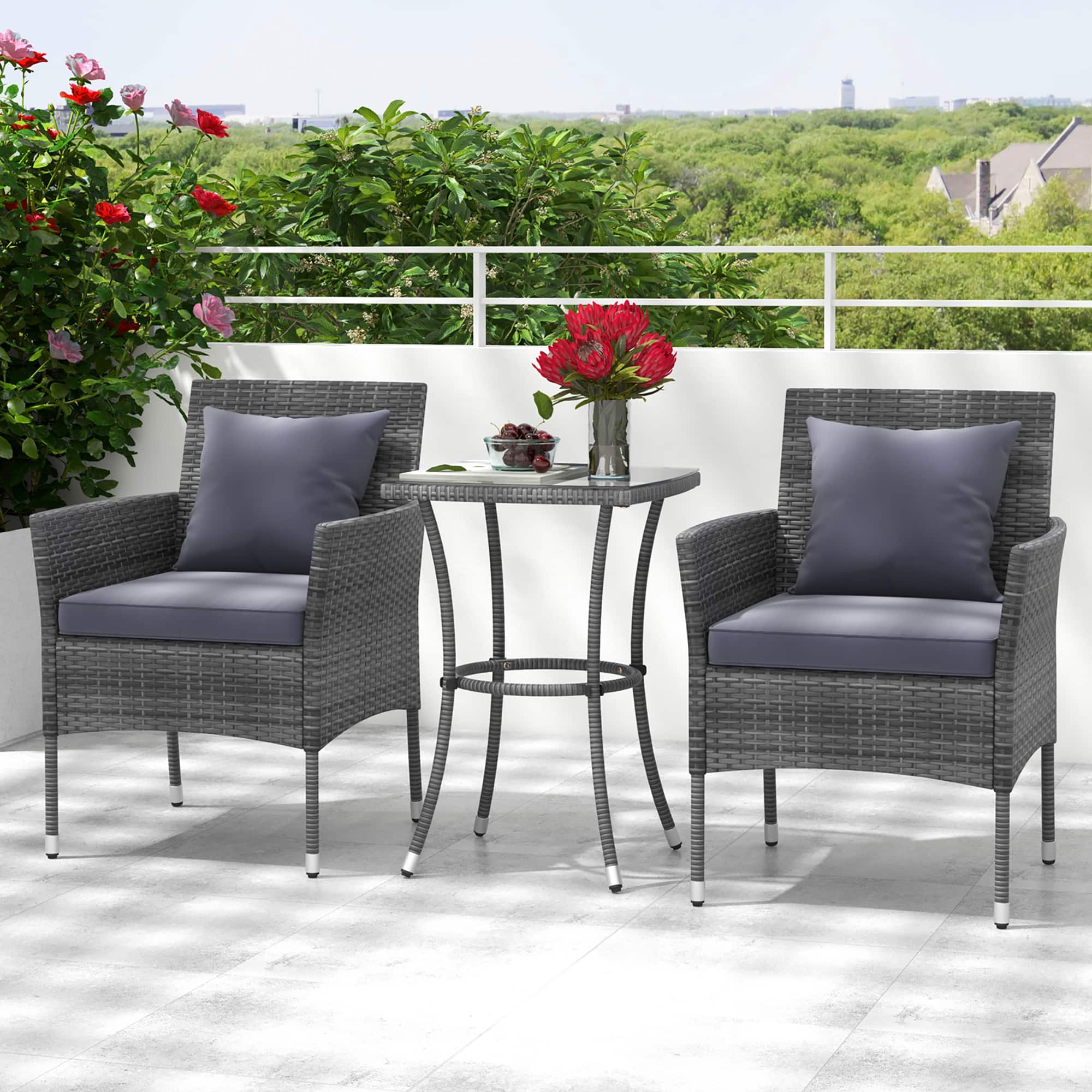 Gymax - 3-Piece Patio Furniture Set PE Wicker Conversation Bistro Set w/ A Tempered Glass Table - Mix Gray price history on PriceWatchPro