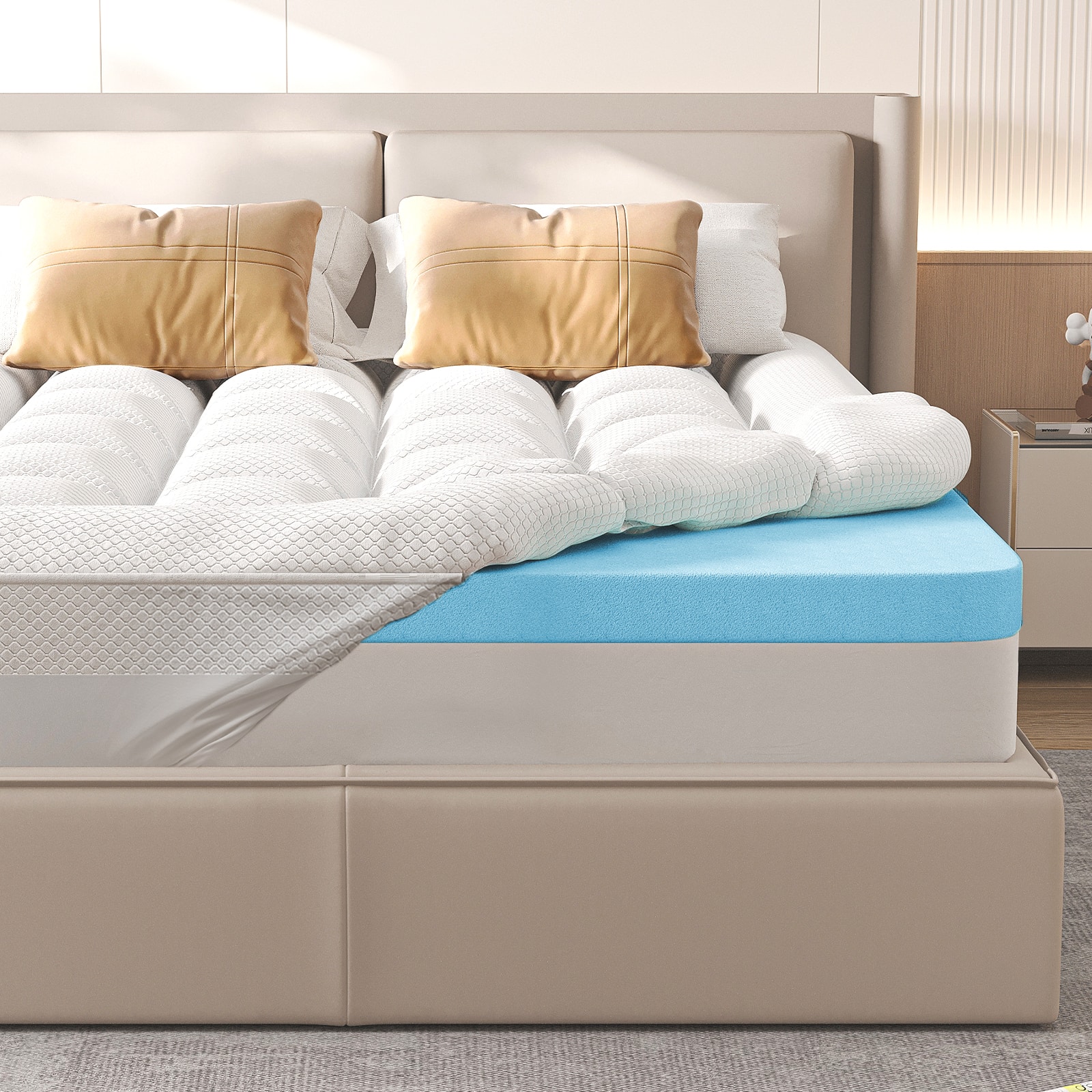 Front. KERDOM - 3" Cooling Gel Memory Foam Mattress Topper, Two Layer Bed Topper Washable Cover, RV Mattress Camping, New Home Gift - White.