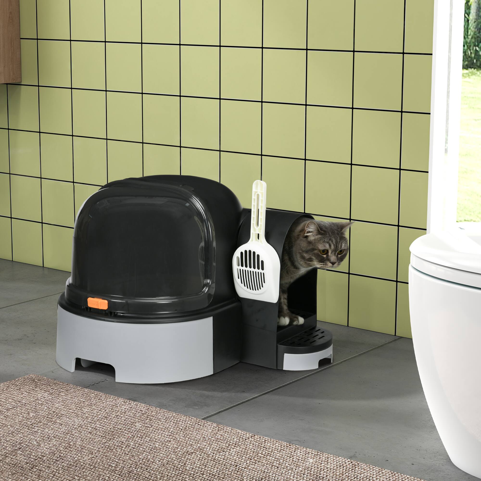 Angle. Pawhut - Cat Litter Box with Lid, Covered Litter Box, Easy to Clean & Open Including Openable Front Cover, Litter Scoop - Gray.