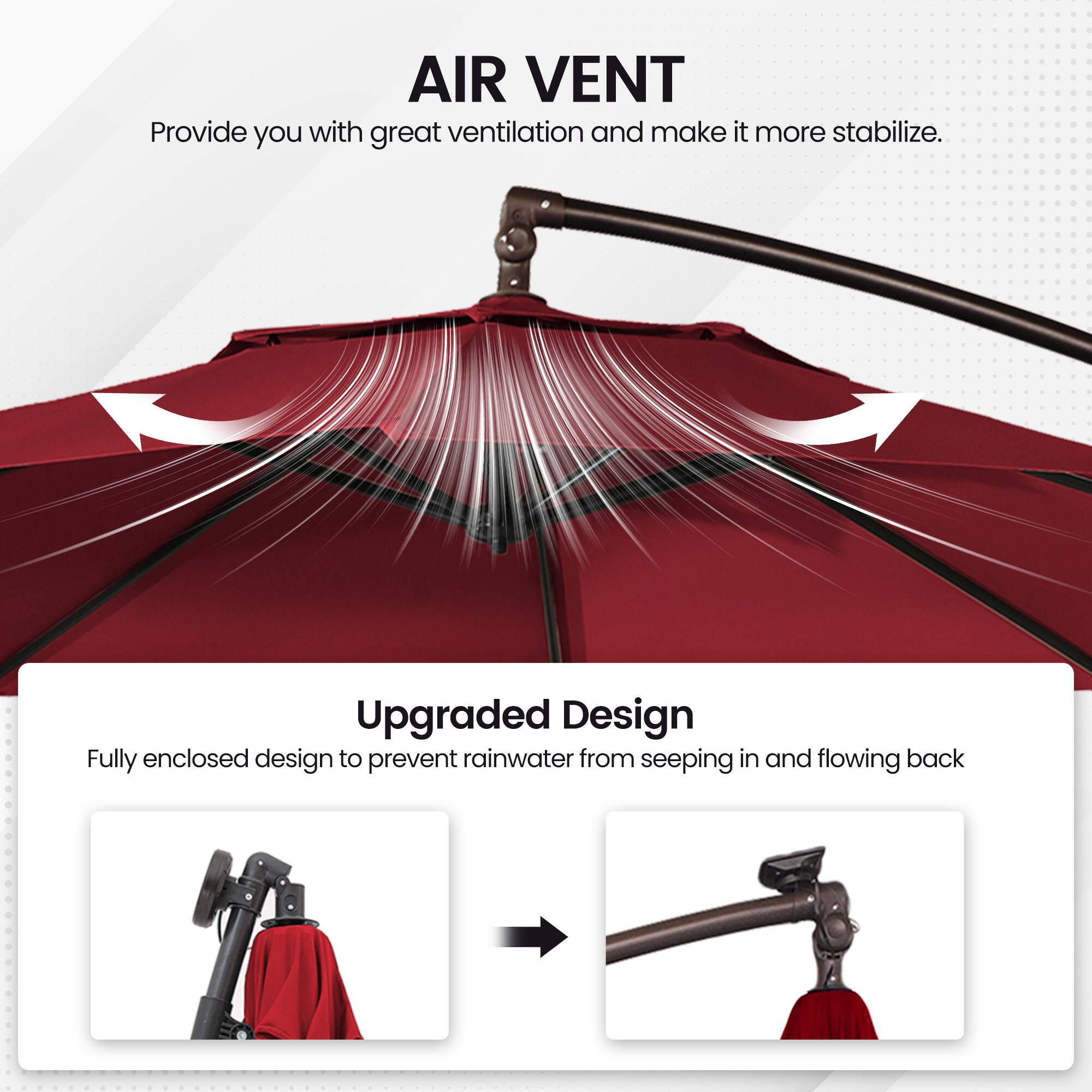 **AIR VENT**  
Provide you with great ventilation and make it more stabilize.

**Upgraded Design**  
Fully enclosed design to prevent rainwater from seeping in and flowing back.