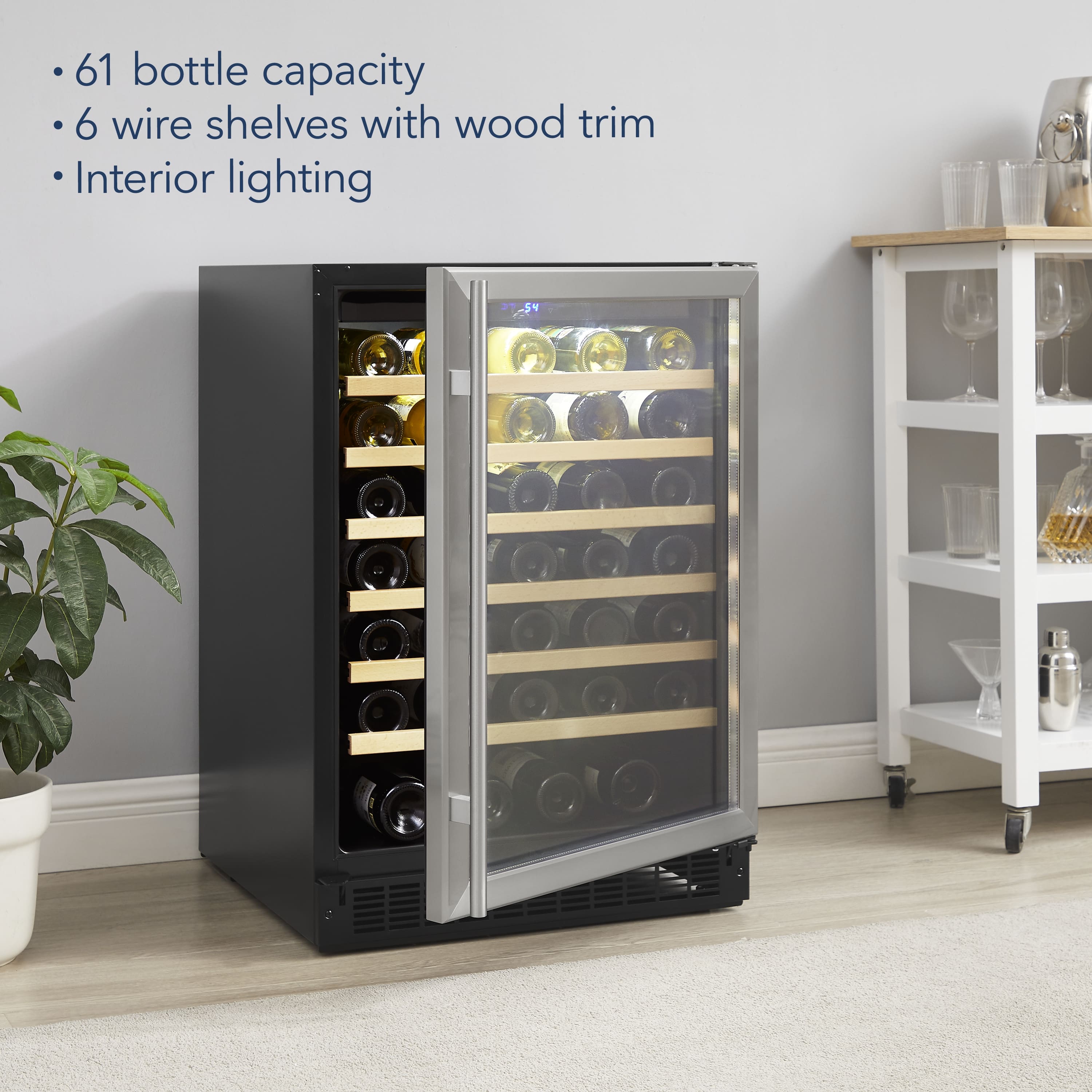 The text on the image reads: "61 bottle capacity 6 wire shelves with wood trim Interior lighting."
