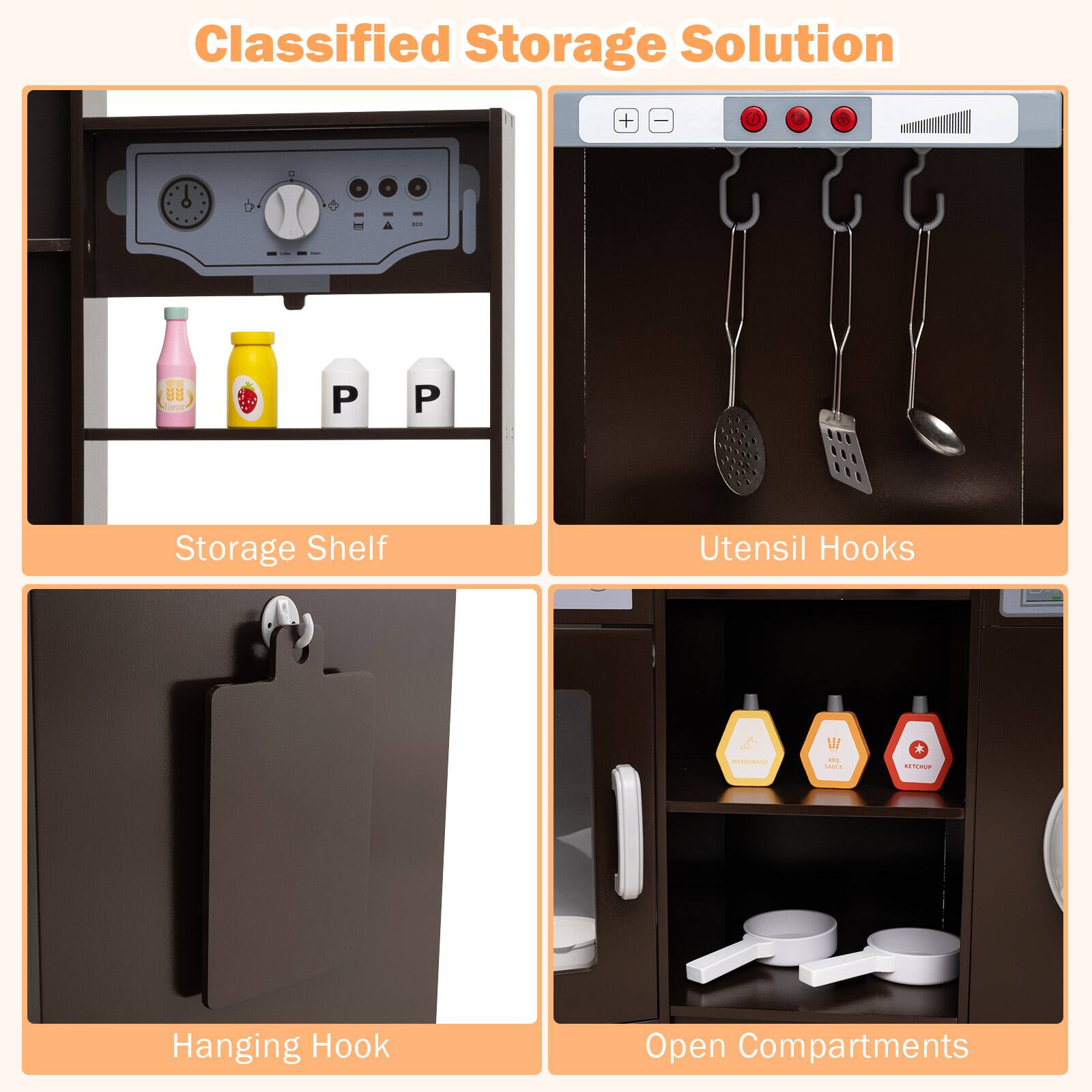 Classified Storage Solution

- Storage Shelf
- Utensil Hooks
- Hanging Hook
- Open Compartments