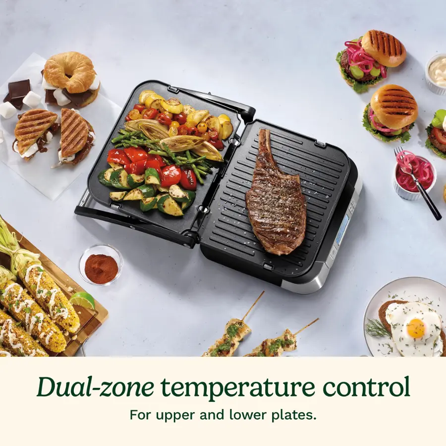 Dual-zone temperature control for upper and lower plates.