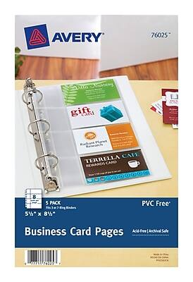 Avery 76025  
Gift Card Holder  
5 Pack  
5½" x 8½"  
PVC Free  
Business Card Pages  
Acid-Free | Archival Safe  
Made in China