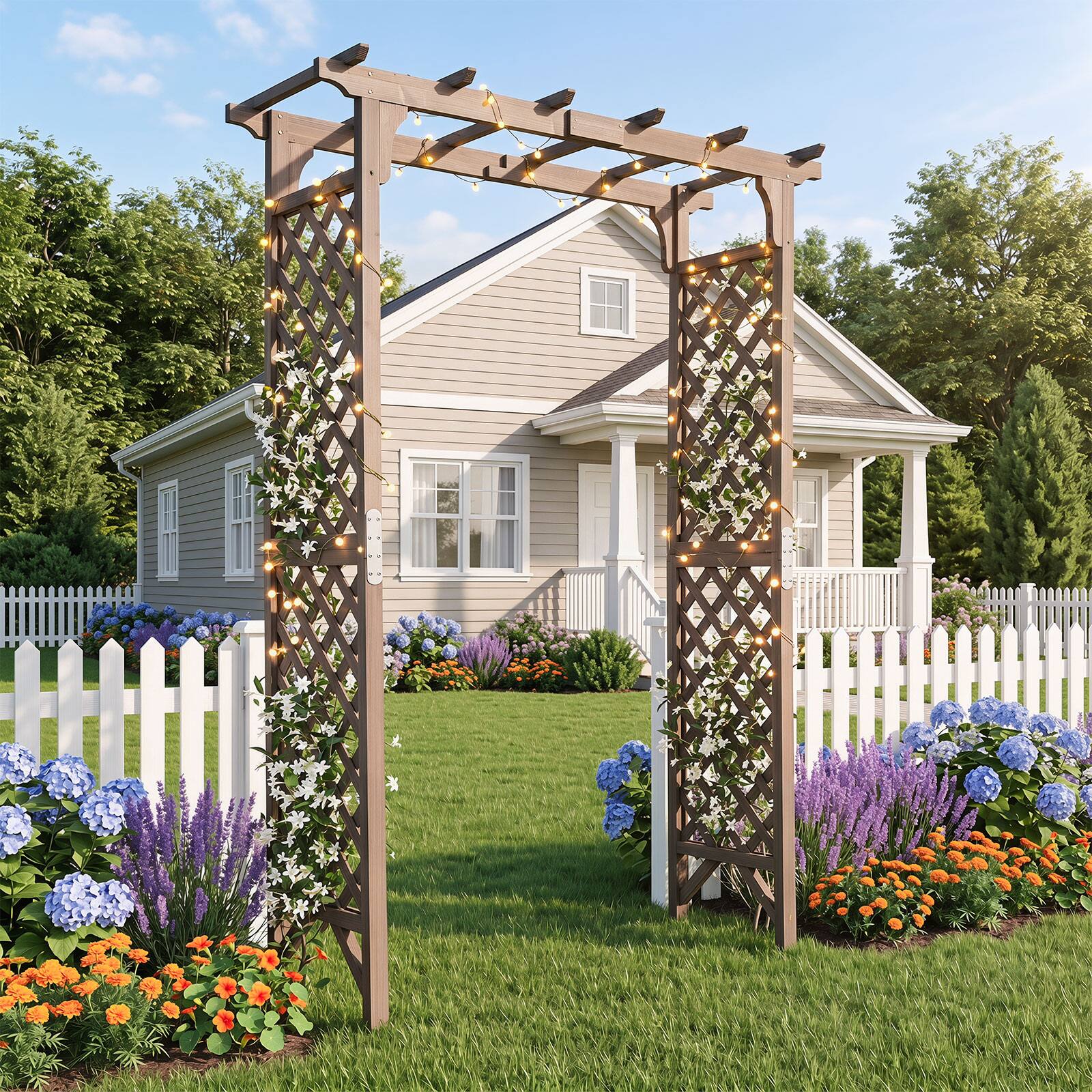 Alt View 5. Gymax - Gymax Flat Top Garden Arch Trellis 85'' Tall Wood Garden Archway Gate for Plants - Brown.