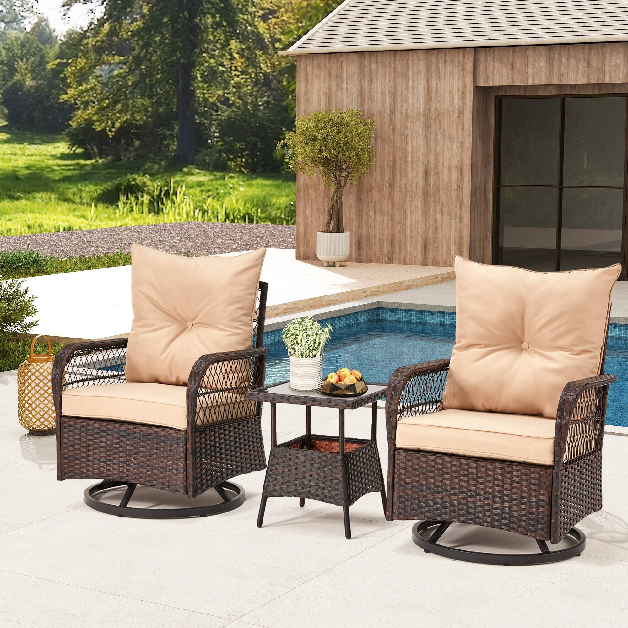 Alt View 5. U-HOMY - 3-Piece Outdoor Swivel Rocking Chair Patio Set with Cushions & Coffee Table, PE Rattan Furniture - Beige.