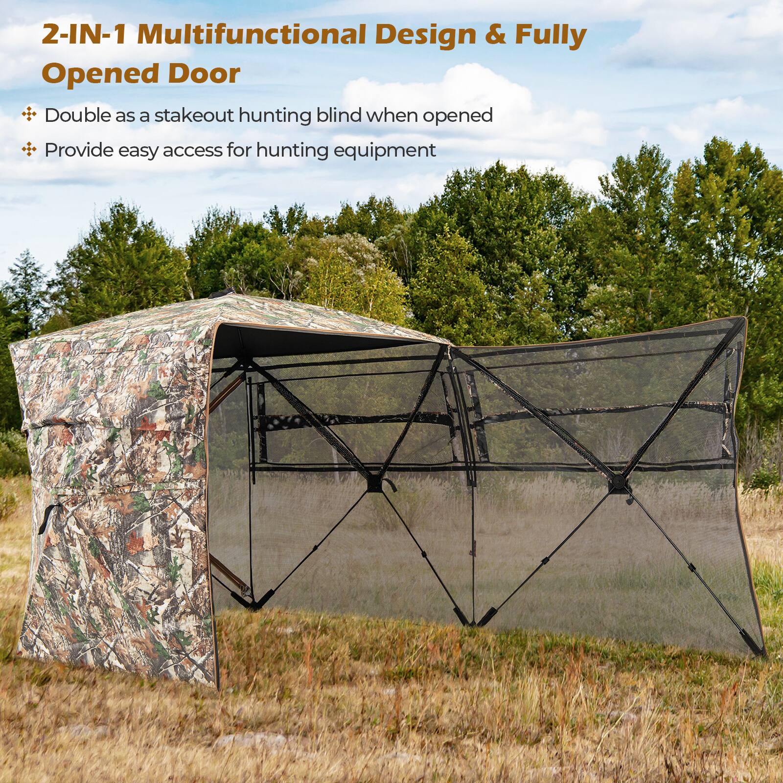 2-IN-1 Multifunctional Design & Fully Opened Door

- Double as a stakeout hunting blind when opened
- Provide easy access for hunting equipment