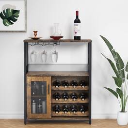 Babevy - 3-Tier Wine & Coffee Hub - Mesh Door Bar Cabinet with 12-Bottle Rack & 9-Glass Holder for Home - Brown