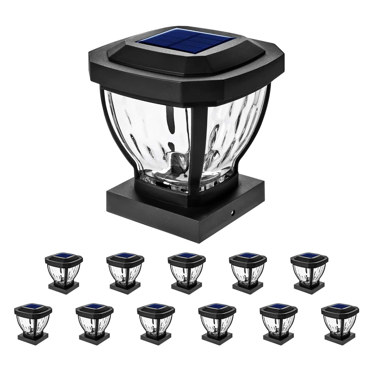 Home Zone Security - 12-Pack Decorative LED Solar Post Cap Lights for 3.5" x 3.5" Posts - Black