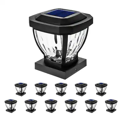 Front. Home Zone Security - 12-Pack Decorative LED Solar Post Cap Lights for 3.5" x 3.5" Posts - Black.