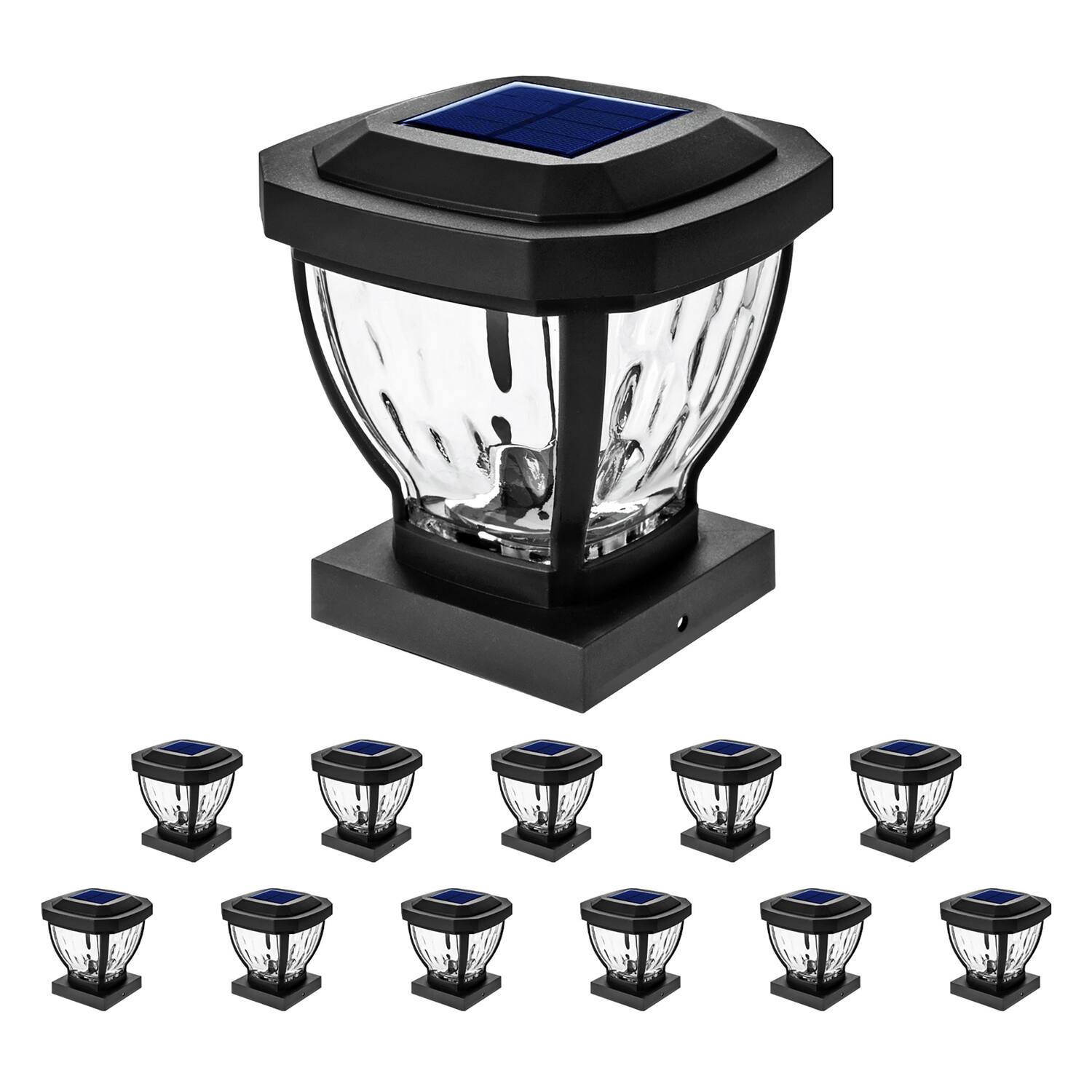 Front. Home Zone Security - 12-Pack Decorative LED Solar Post Cap Lights for 3.5" x 3.5" Posts - Black.