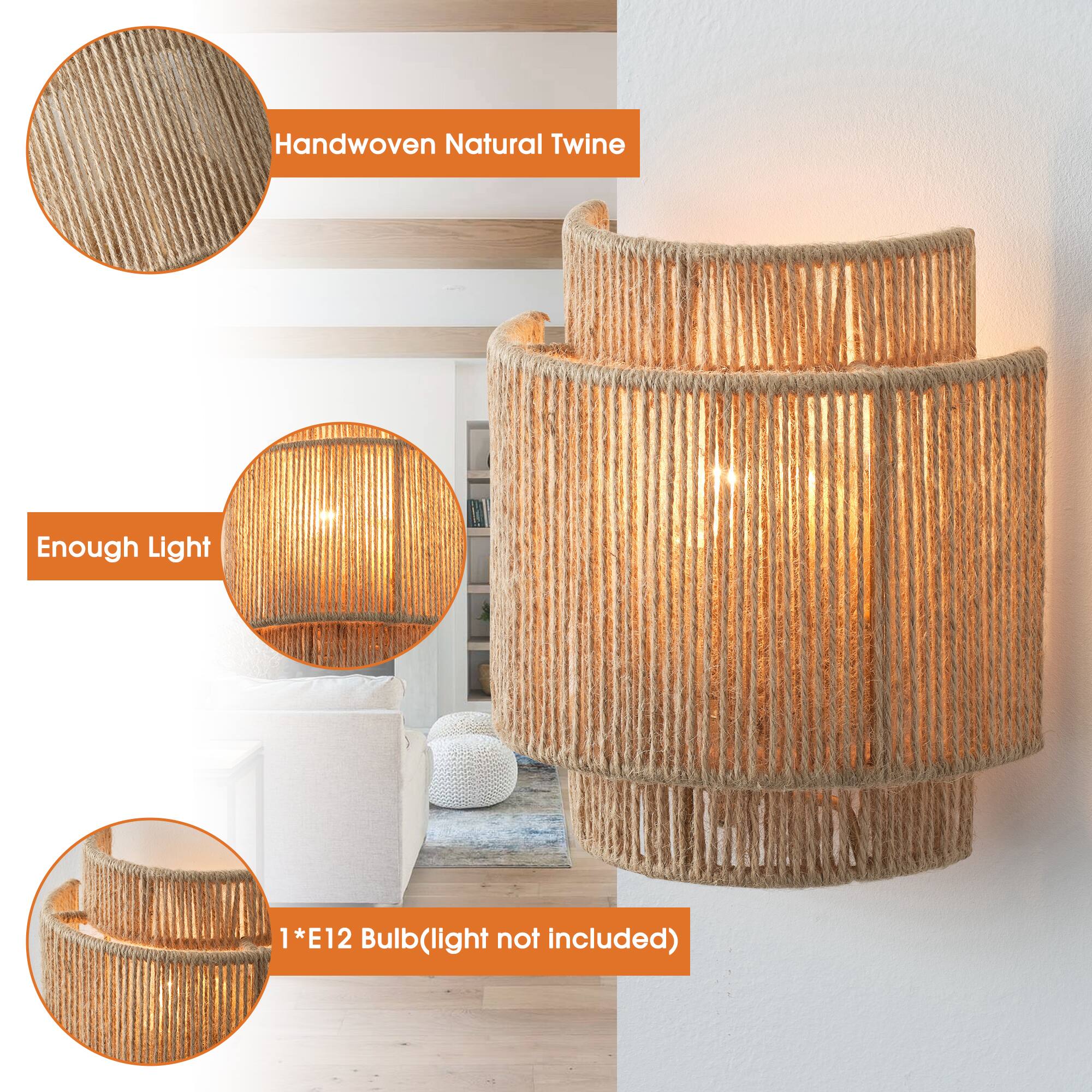 Handwoven Natural Twine  
Enough Light  
1 * E12 Bulb (light not included)