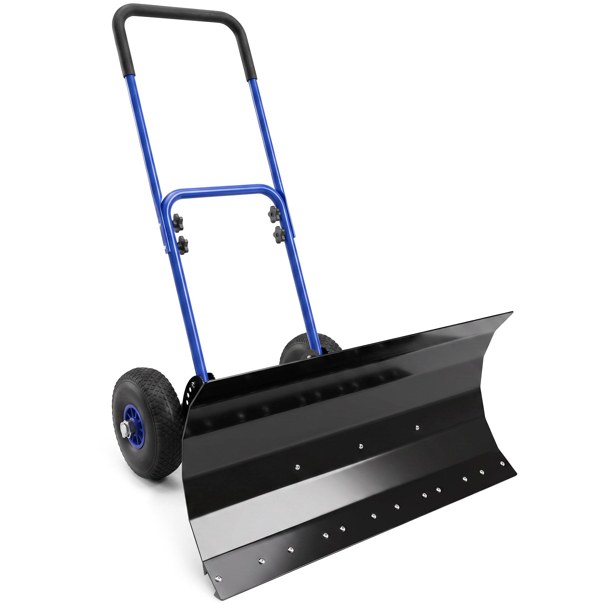 Front. Outsunny - Shovel with Wheels, 29" x 16.5" Metal Snow Pusher with Adjustable Handle - Blue.