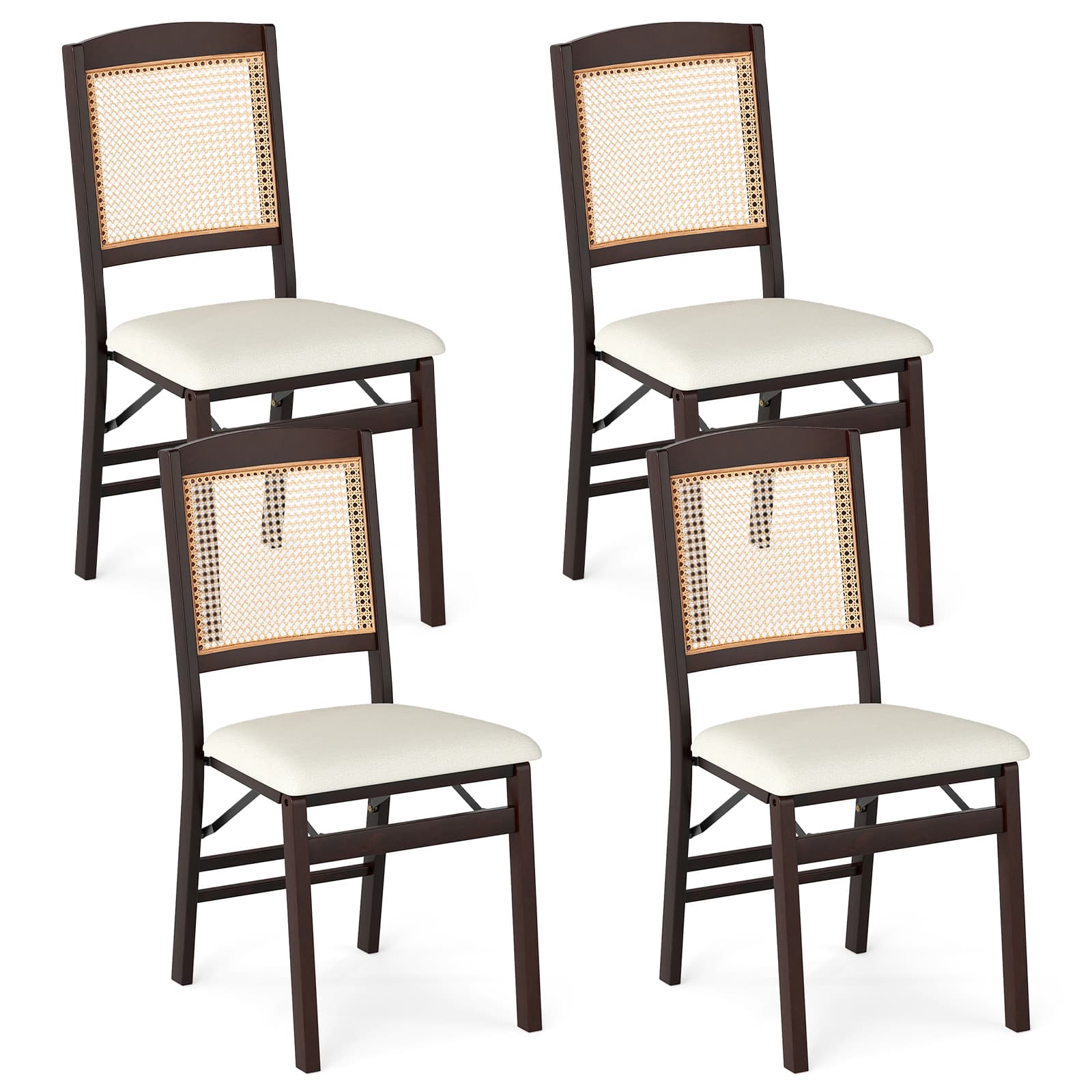 Gymax - Folding Dining Chairs Set of 4 w/Linen Padded Seat & Rattan Backrest for Kitchen Coffee & Natural - Brown