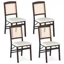 Gymax - Folding Dining Chairs Set of 4 w/Linen Padded Seat & Rattan Backrest for Kitchen Coffee & Natural - Brown