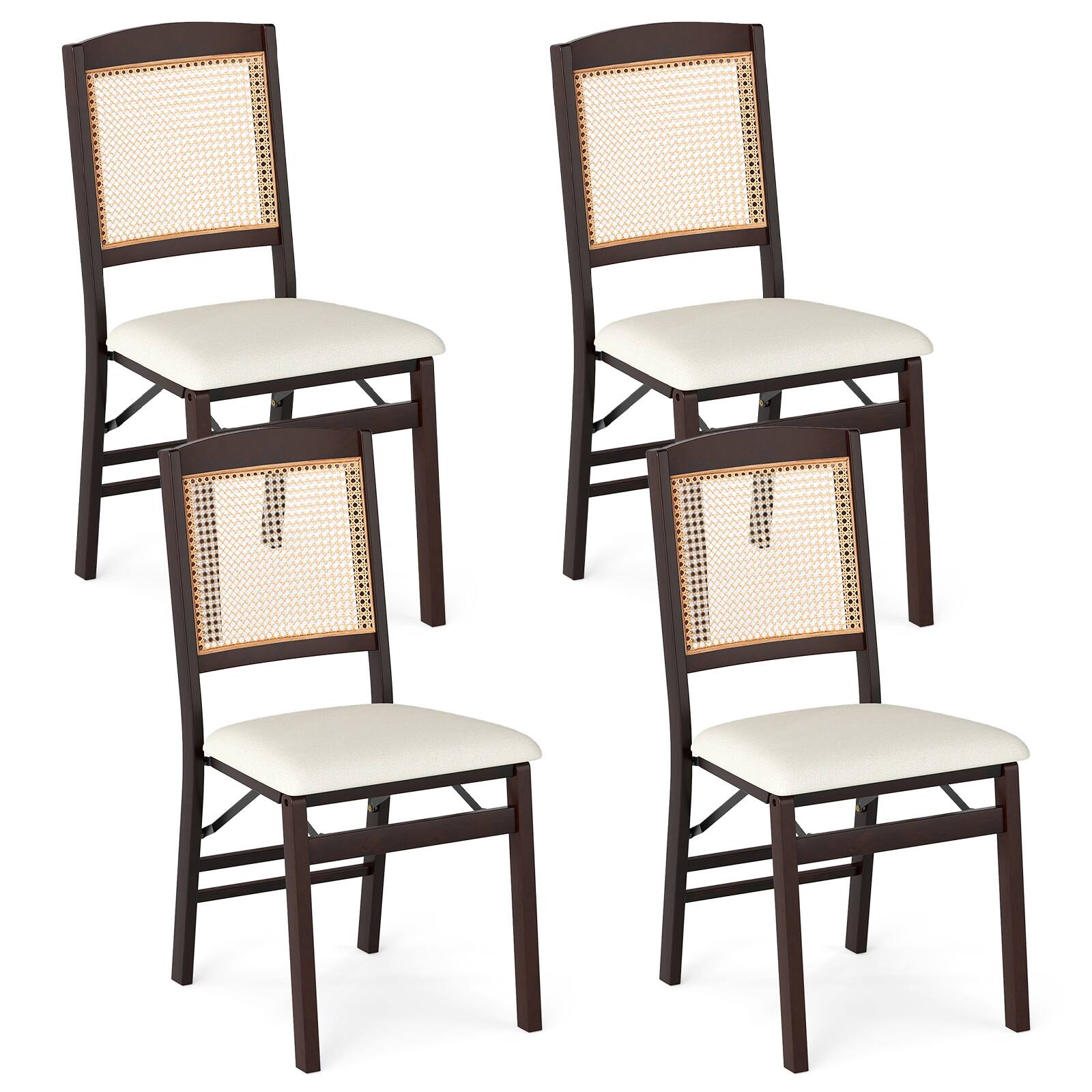 Front. Gymax - Gymax Folding Dining Chairs Set of 4 w/Linen Padded Seat & Rattan Backrest for Kitchen Coffee & Natural - Brown.