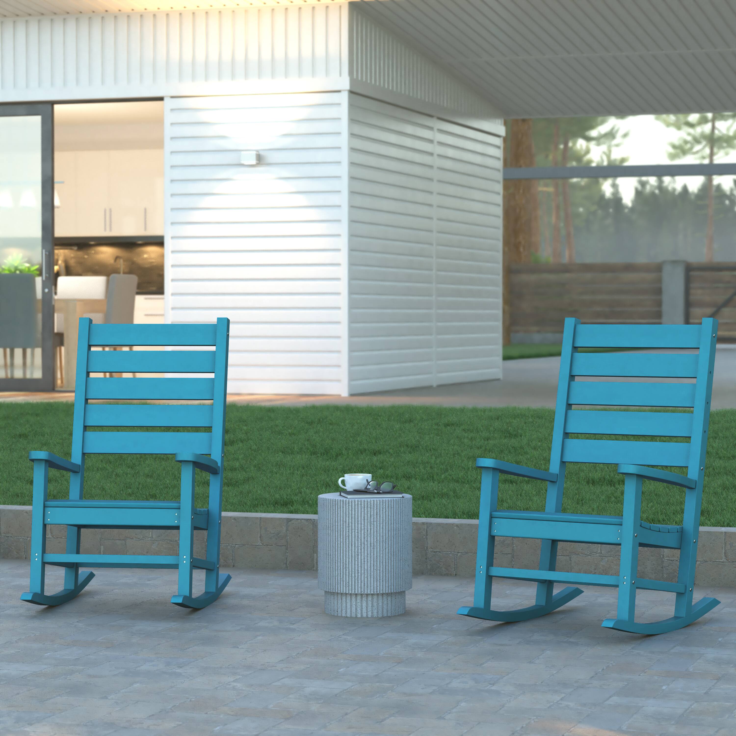 Alt View 2. Emma + Oliver - Florian Set of 2 Contemporary Rocking Chairs, All-Weather HDPE Indoor/Outdoor Rockers - Blue.